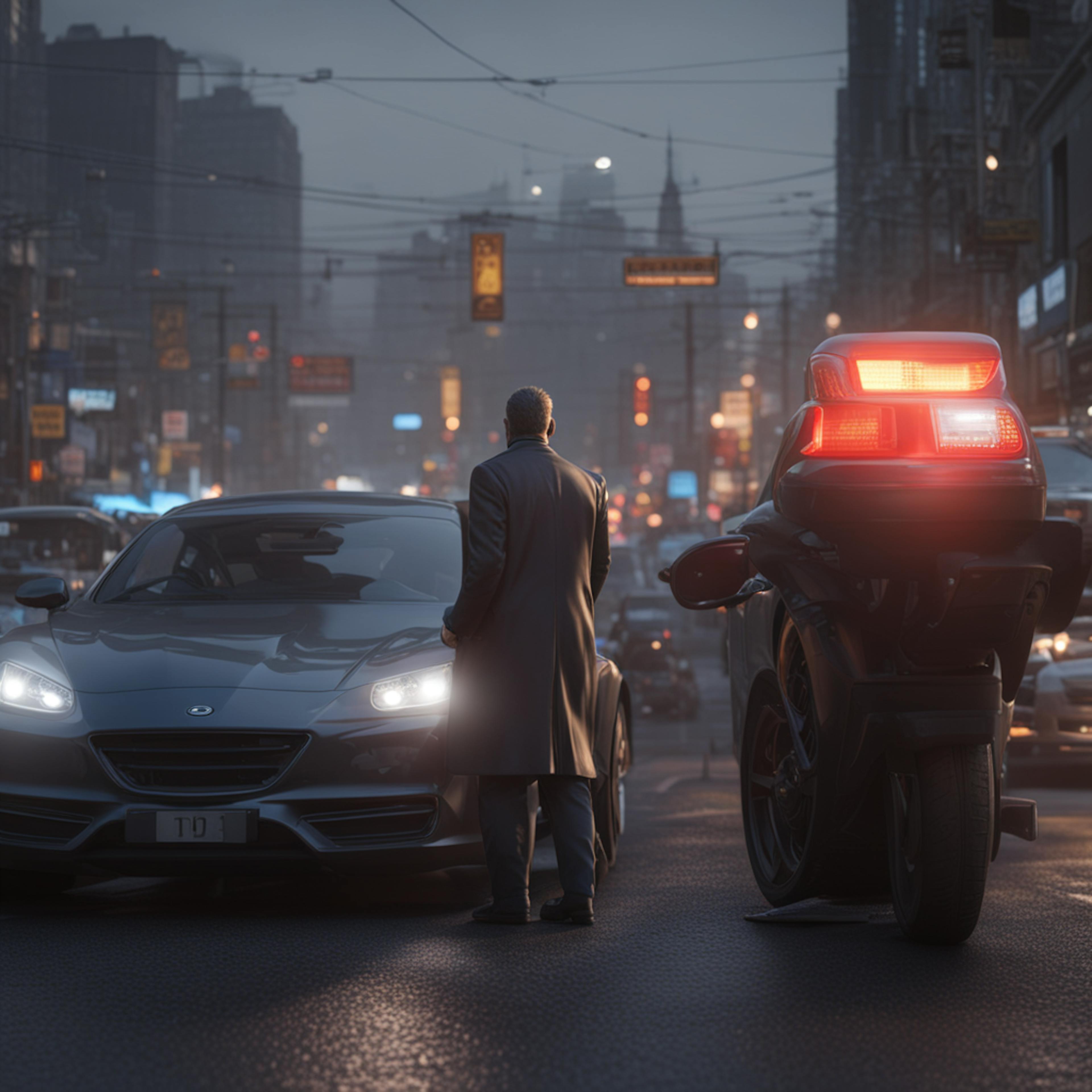 A person standing in the middle of a busy city street at night, facing a car and a motorcycle, metaphorically representing the challenges of how to optimize a landing page for lead generation amidst competition.