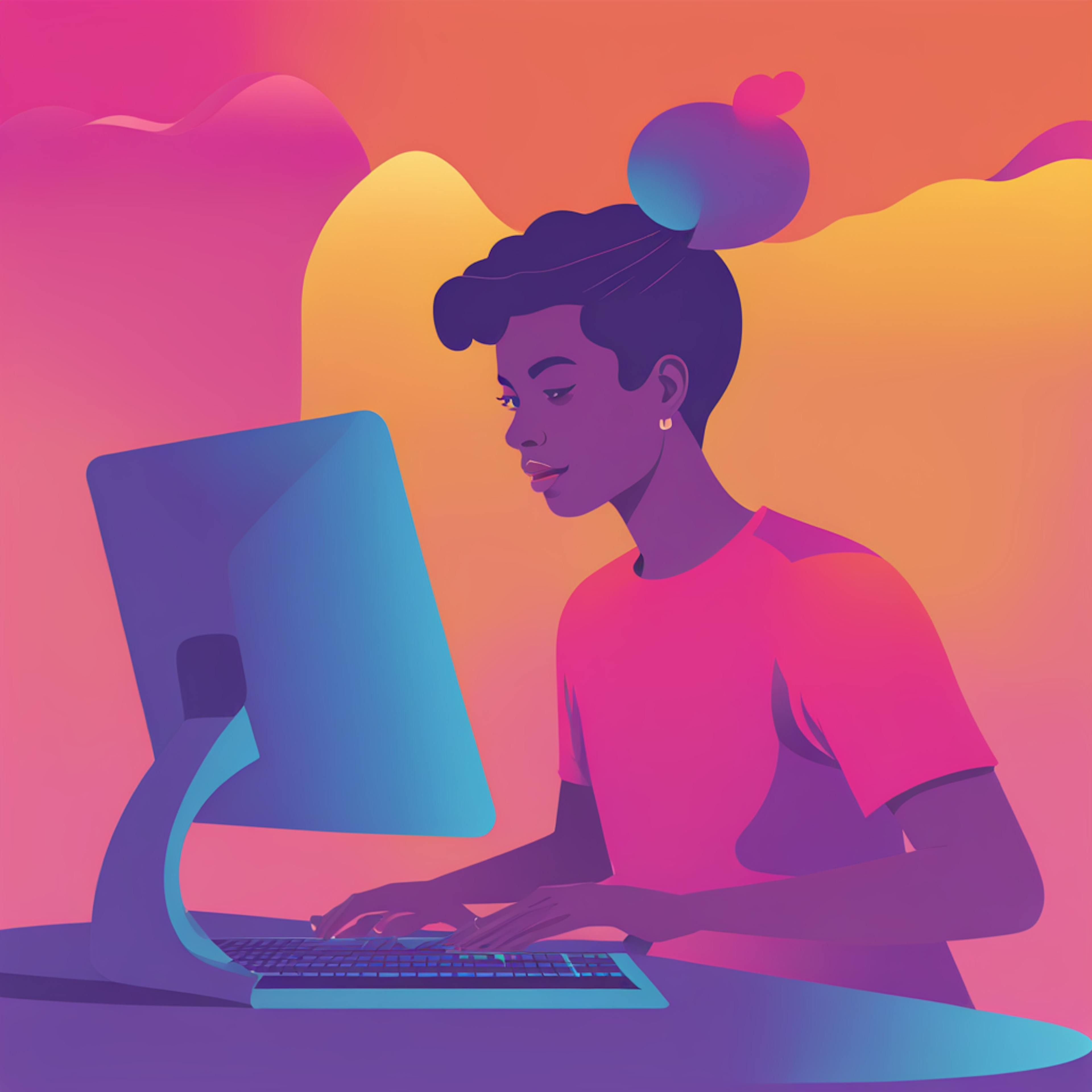 An illustration of a focused woman working at a computer with a colorful gradient background, symbolizing the creative aspects of internet marketing in Oklahoma City.