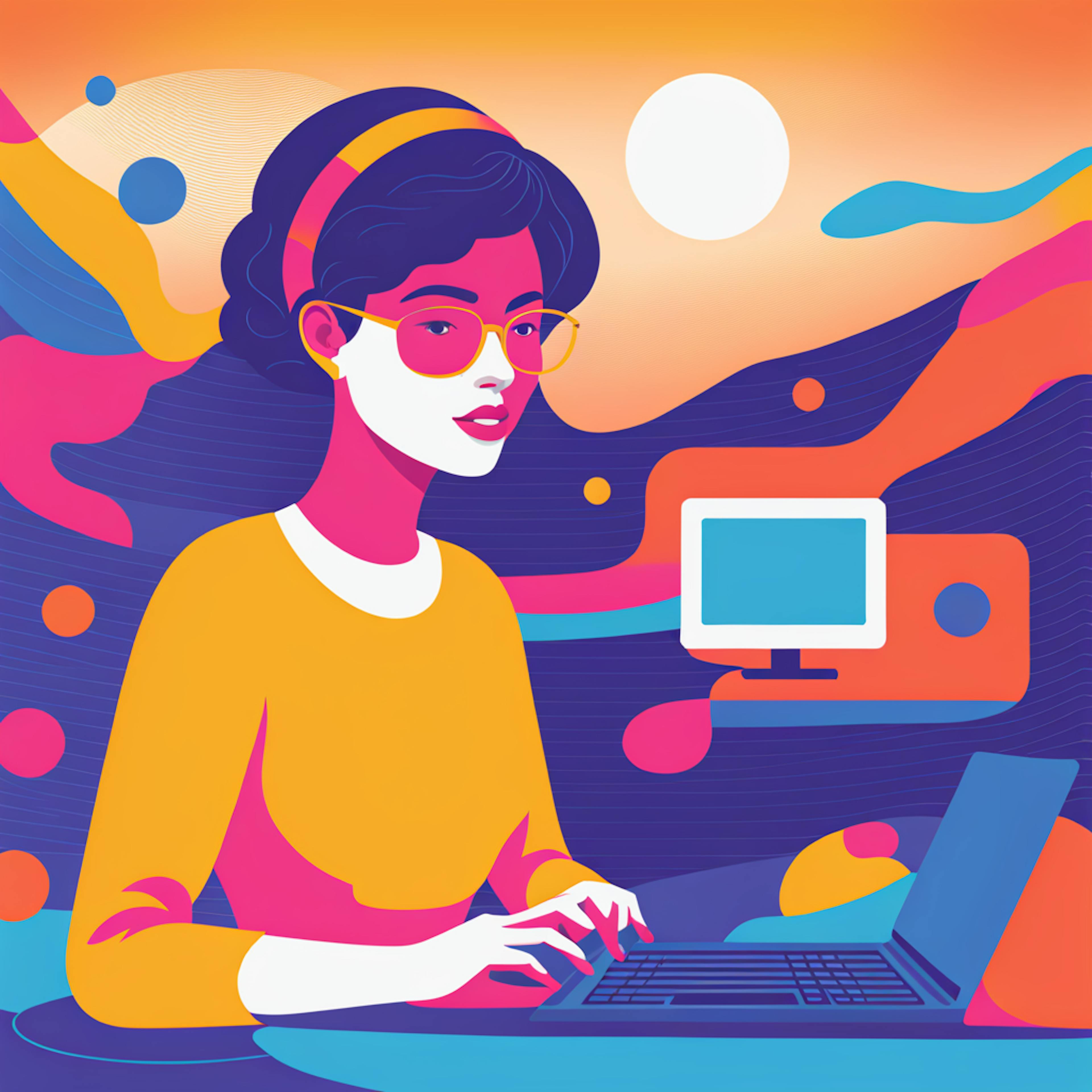 A vibrant digital artwork featuring a woman with glasses using a laptop against an abstract background, representing innovative strategies for internet marketing in Oklahoma City.