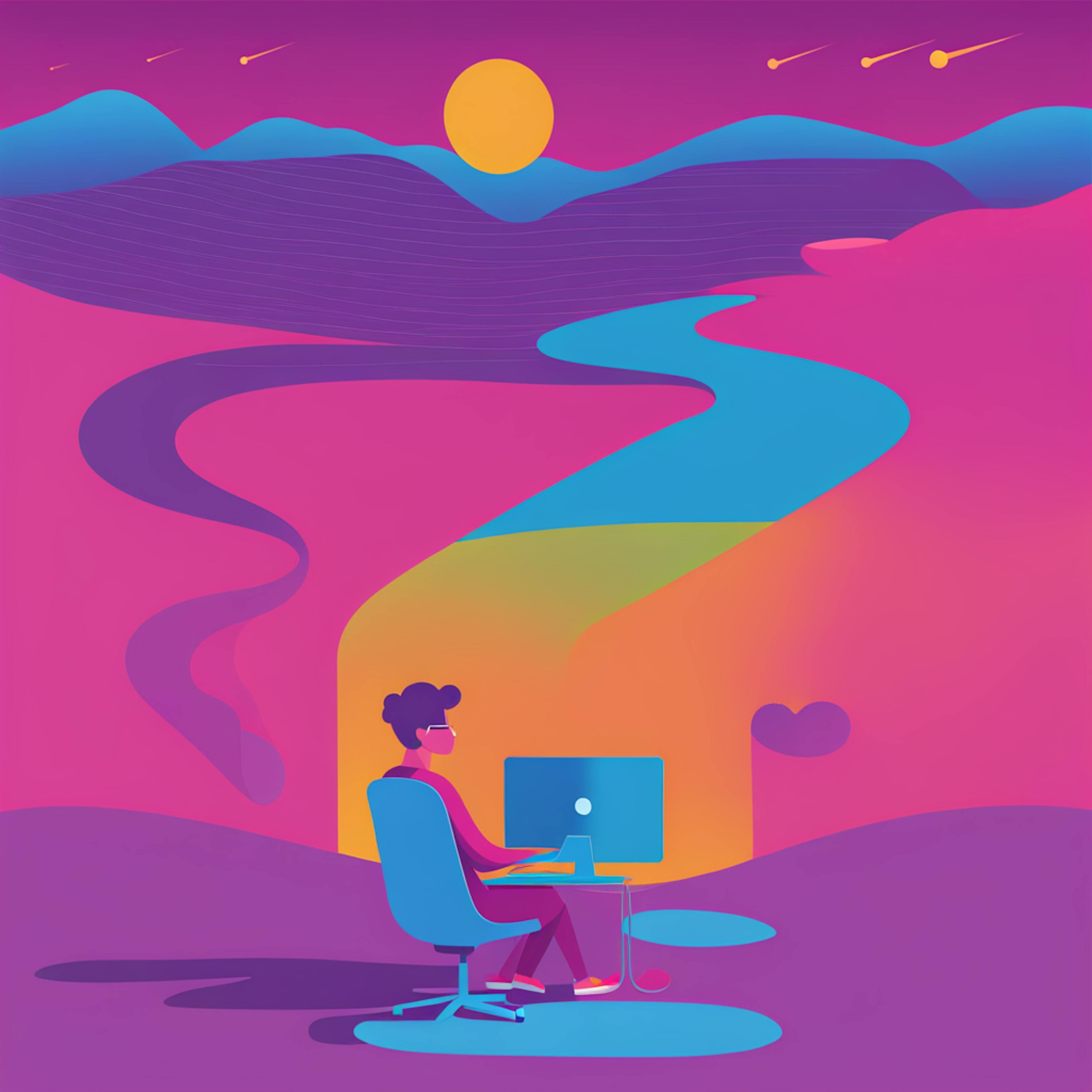 An abstract landscape with a person sitting at a desk with a computer, highlighted by a colorful and dynamic environment, showcasing the imaginative side of internet marketing in Oklahoma City.