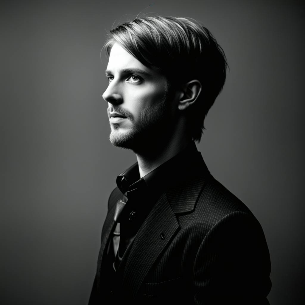 A dramatic black-and-white profile of a man in a suit, representing the strategic and visionary role described in the JD of brand manager.