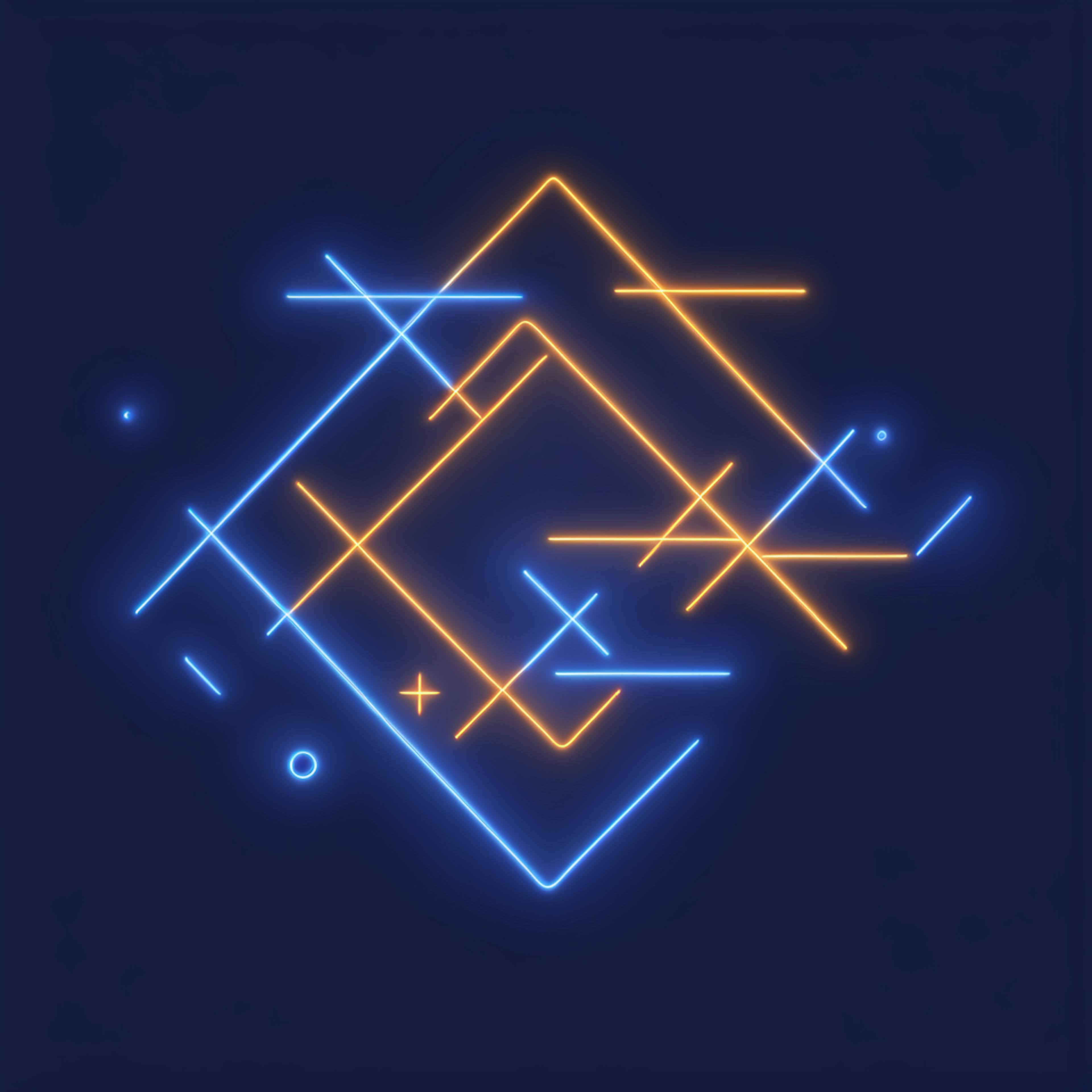 An abstract geometric design with intersecting neon lines in blue and orange on a dark background, offering design inspiration through its modern and dynamic composition.