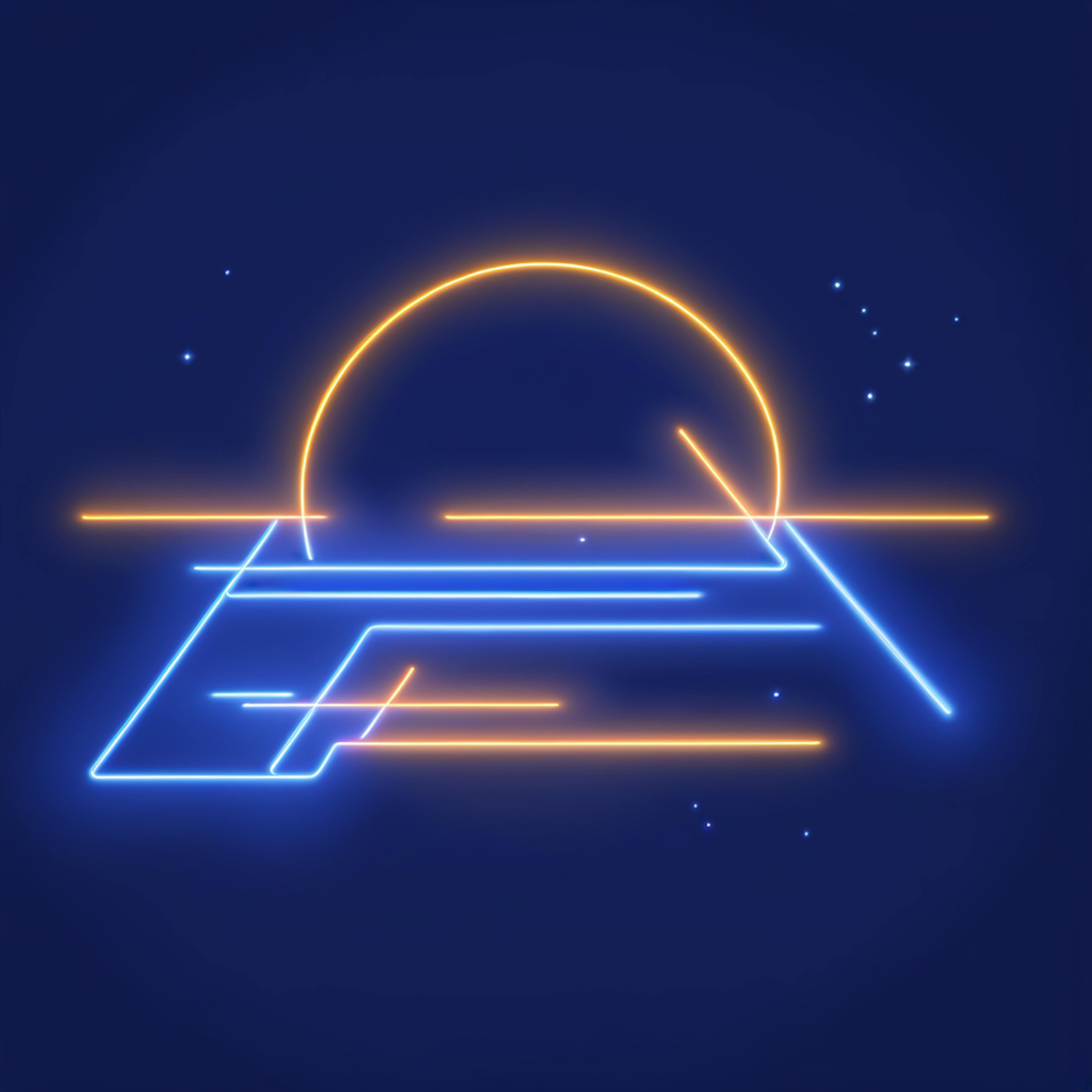 A futuristic neon illustration of a sun setting behind abstract shapes, featuring vibrant blue and orange lines, serving as design inspiration for digital art and graphic design projects.