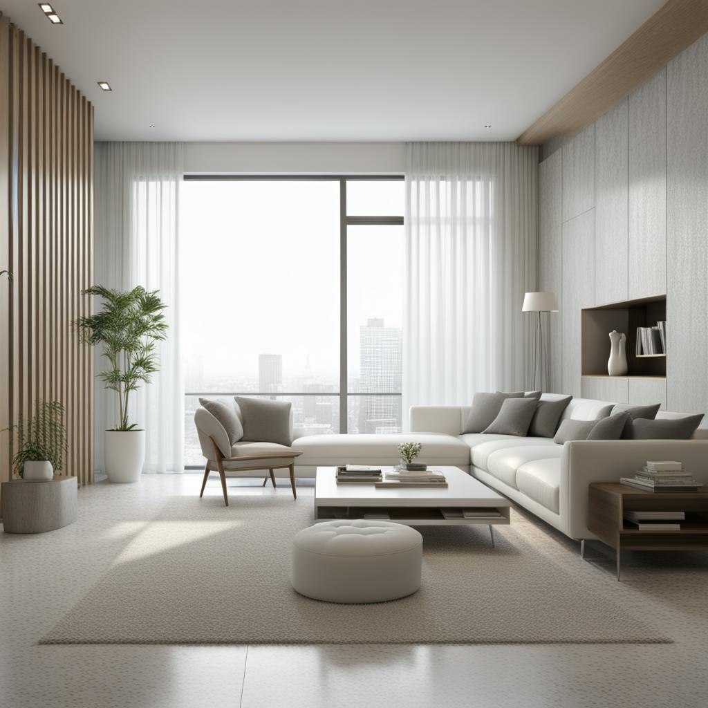 A modern and minimalist living room with a large window, neutral colors, and sleek furniture, exemplifying the 'definition du design' through simplicity and elegance in interior design.