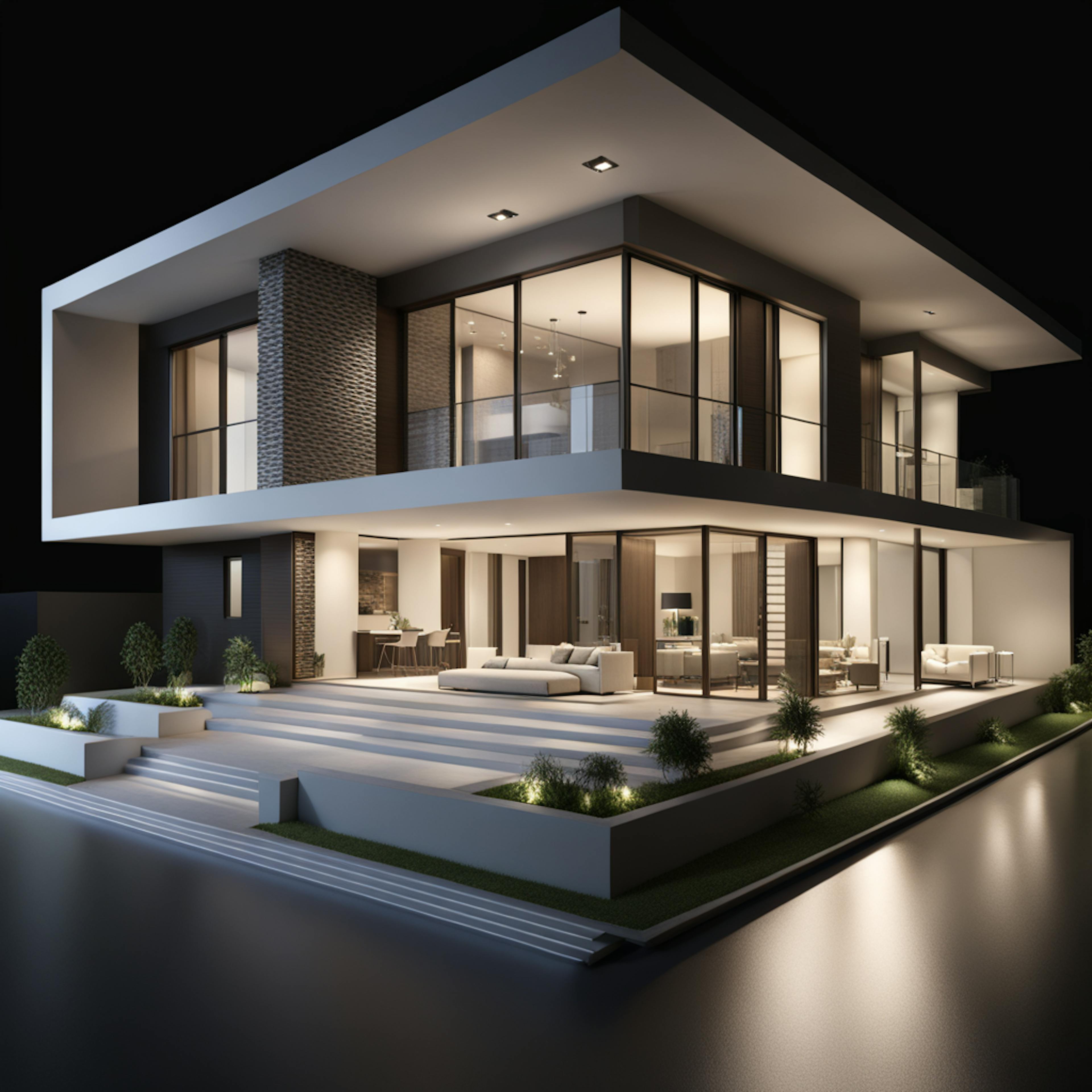 An architectural rendering of a modern two-story house with clean lines, large windows, and outdoor lighting, showcasing the 'definition du design' in modern architecture and exterior styling.