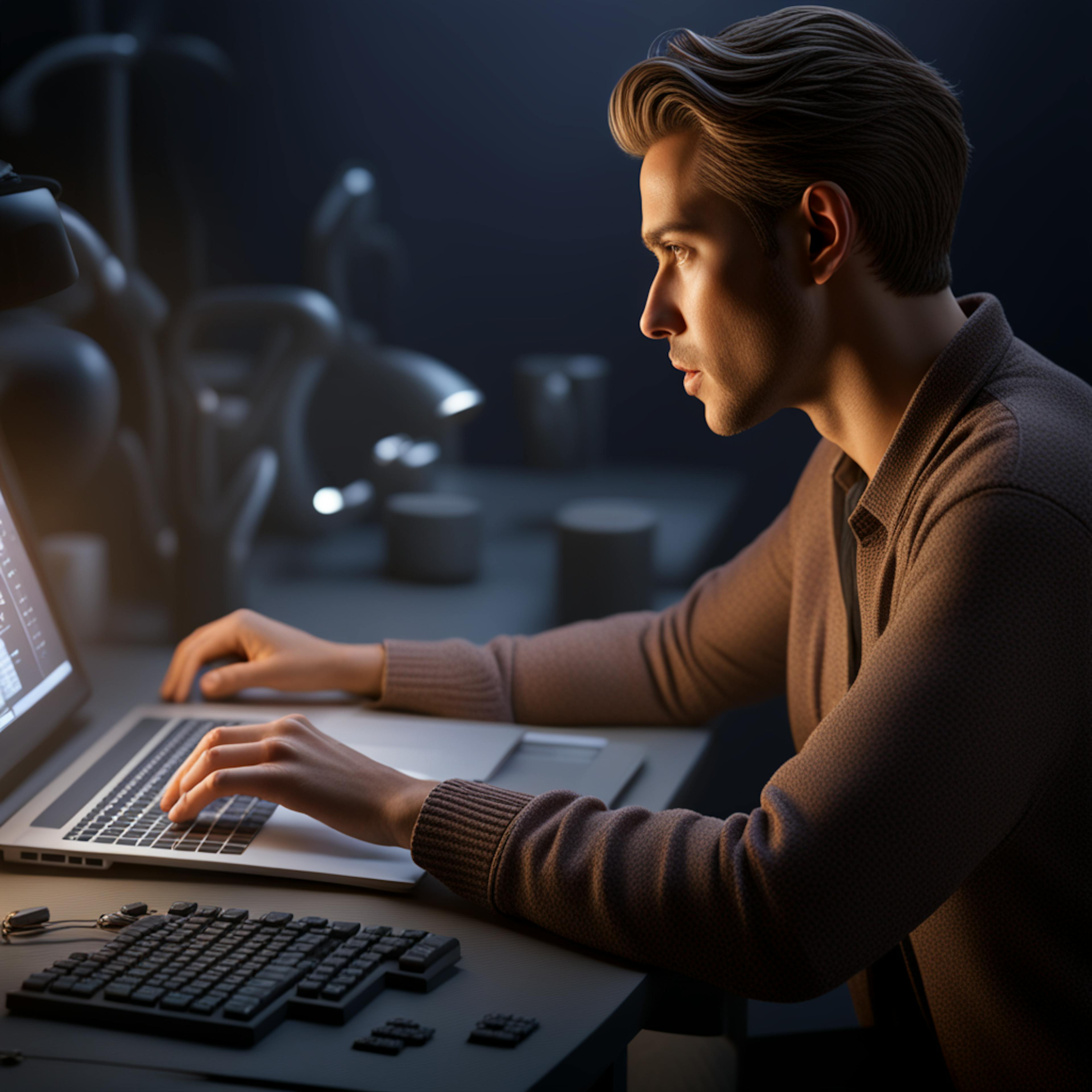 A focused young man working late at his laptop, representing a modern professional setting ideal for an email sign-up landing page promoting productivity tools or software services