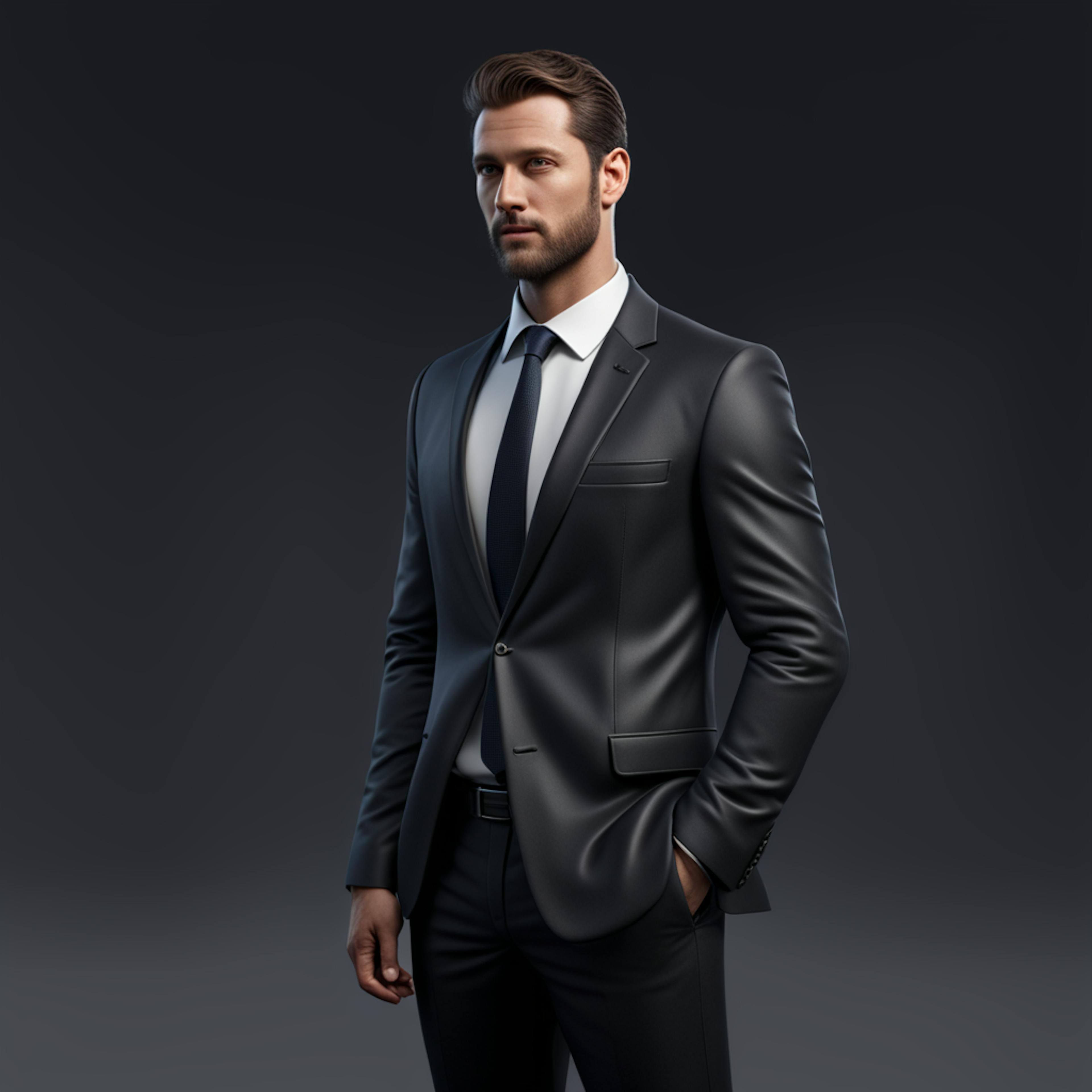 A confident man in a sleek business suit, standing against a dark background, conveying professionalism and trustworthiness, perfect for an email sign-up landing page targeting corporate clients or business services.