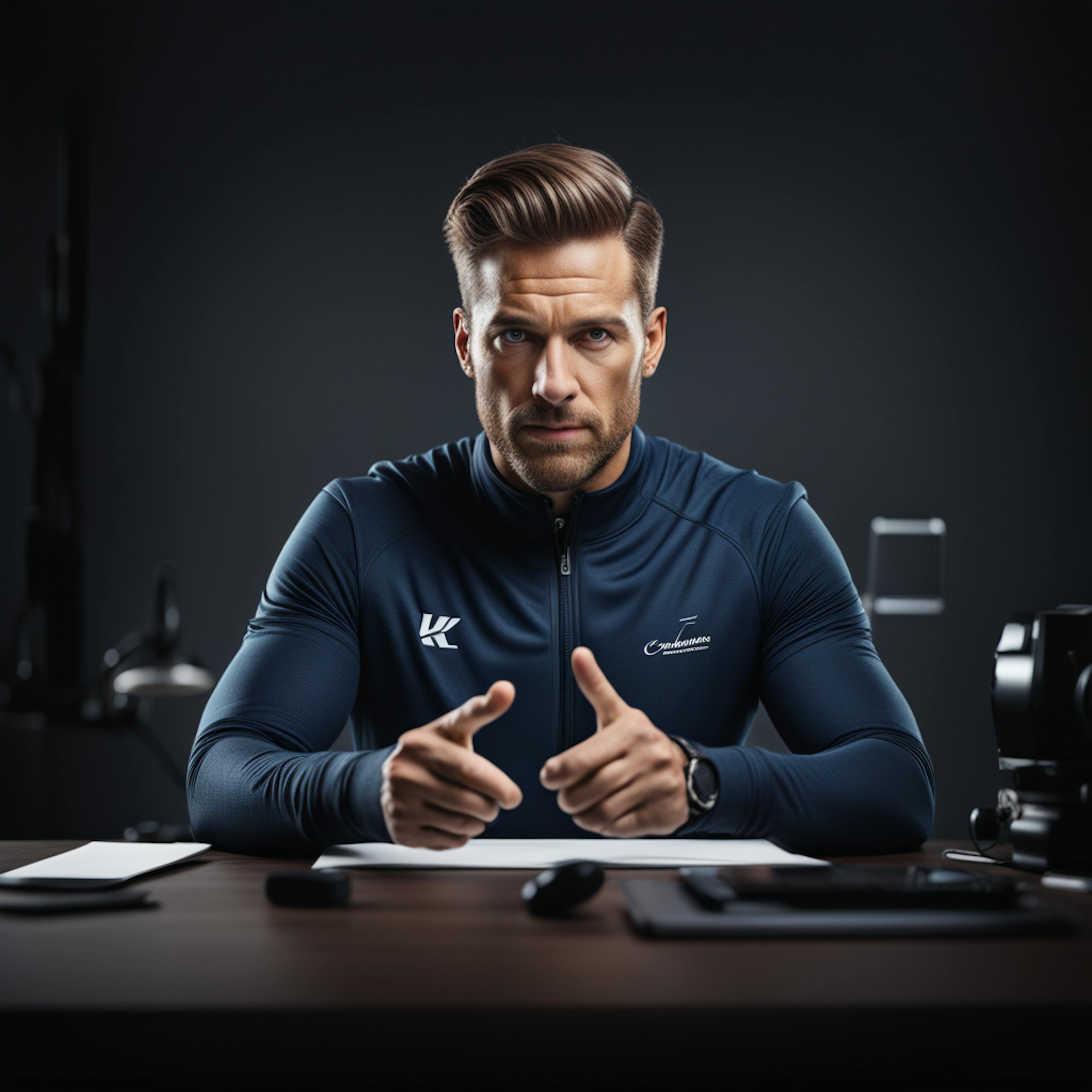 A determined man in a sports jacket, sitting at a desk with papers and pointing forward, illustrating the dynamic approach to developing a comprehensive email campaign planning template.