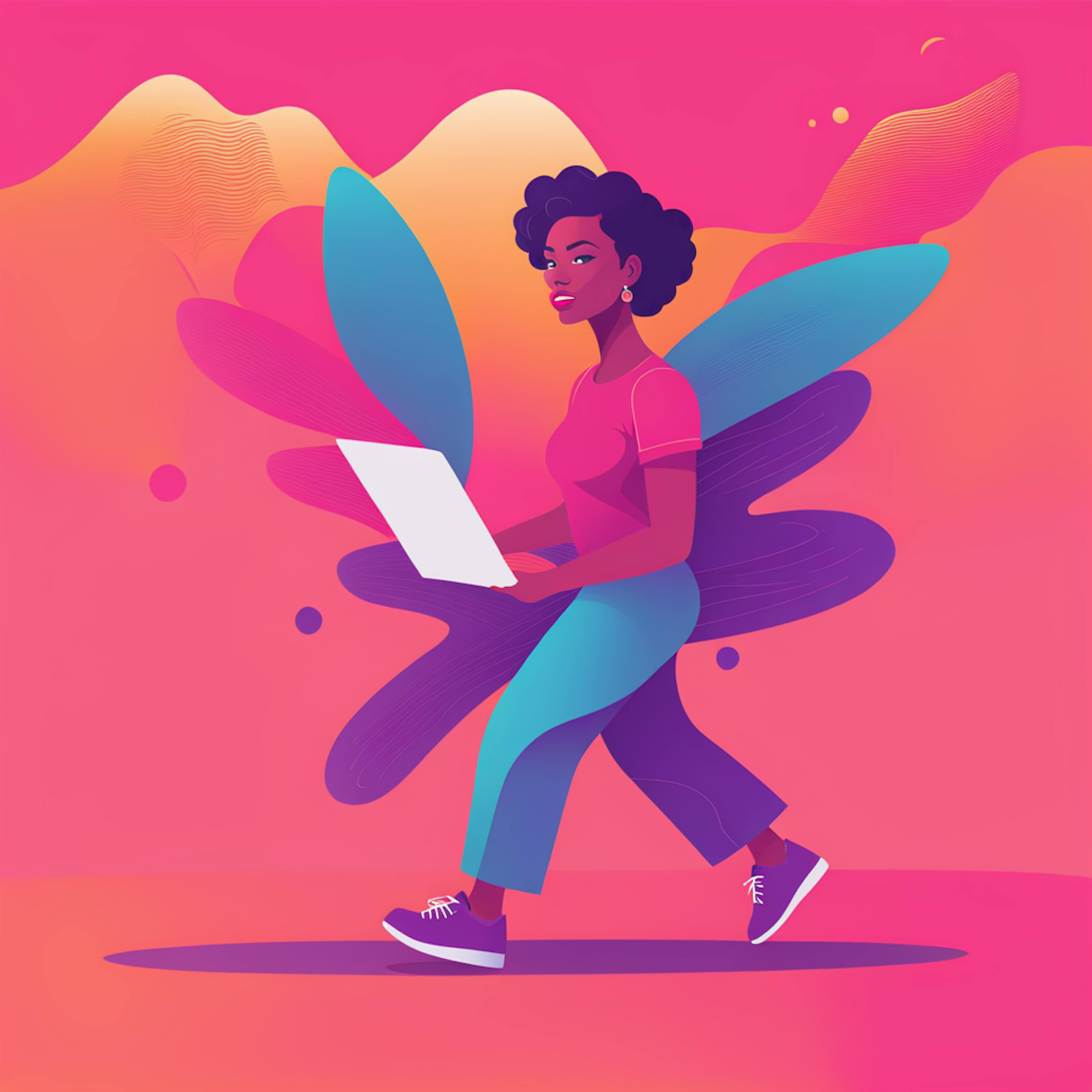 A vibrant illustration of a woman using a laptop, set against a colorful abstract background, symbolizing creativity and innovation in ecommerce website development services.