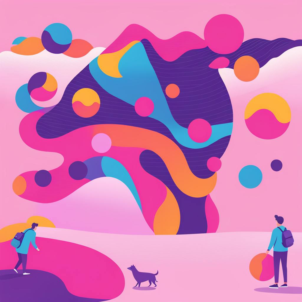 A surreal and colorful illustration featuring people exploring a landscape with vivid shapes and patterns, depicting the exploration of new horizons in ecommerce website development services.