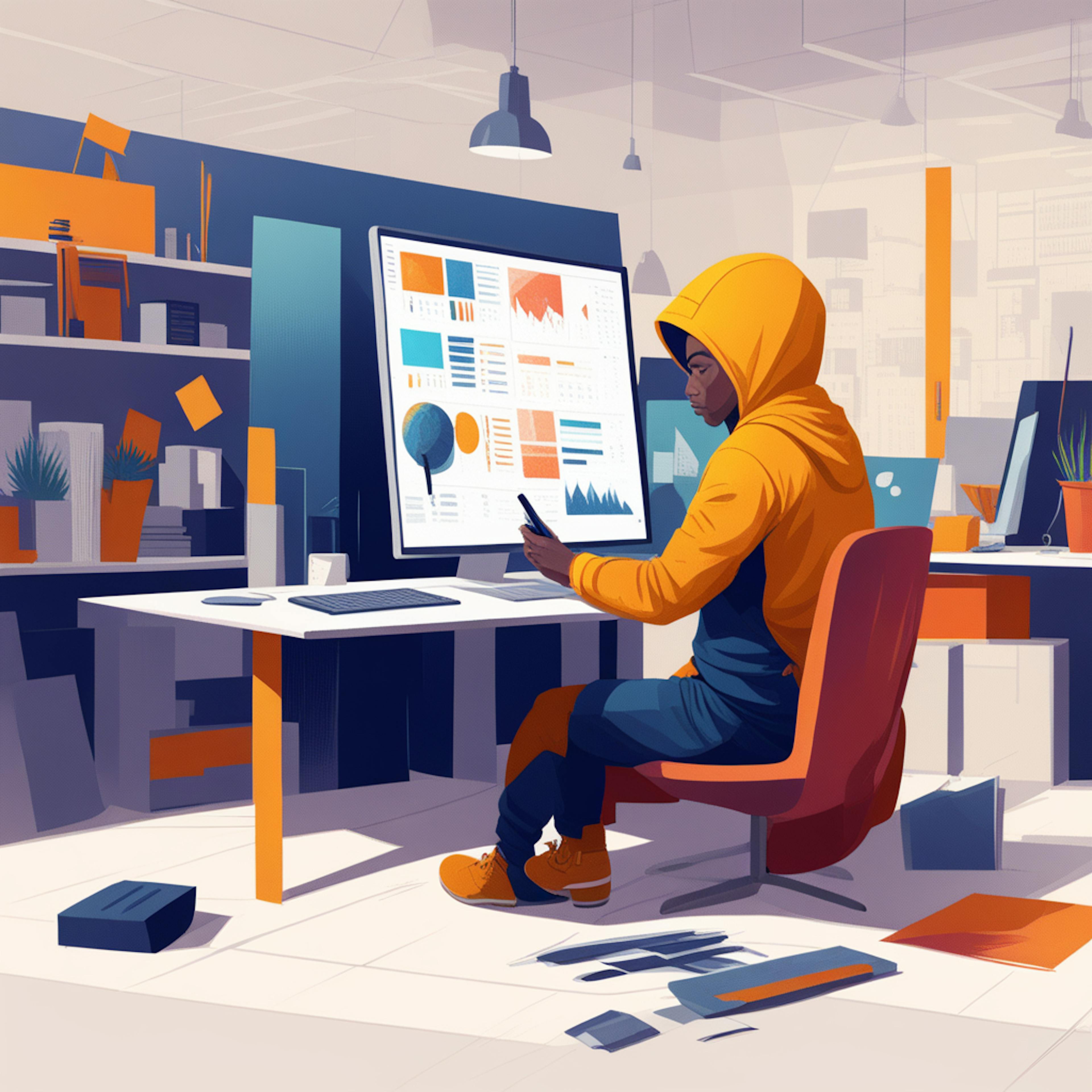 An artist wearing a yellow hoodie, seated in a modern workspace, working with design software on a Mac, surrounded by various creative tools and data visualization on a large screen.