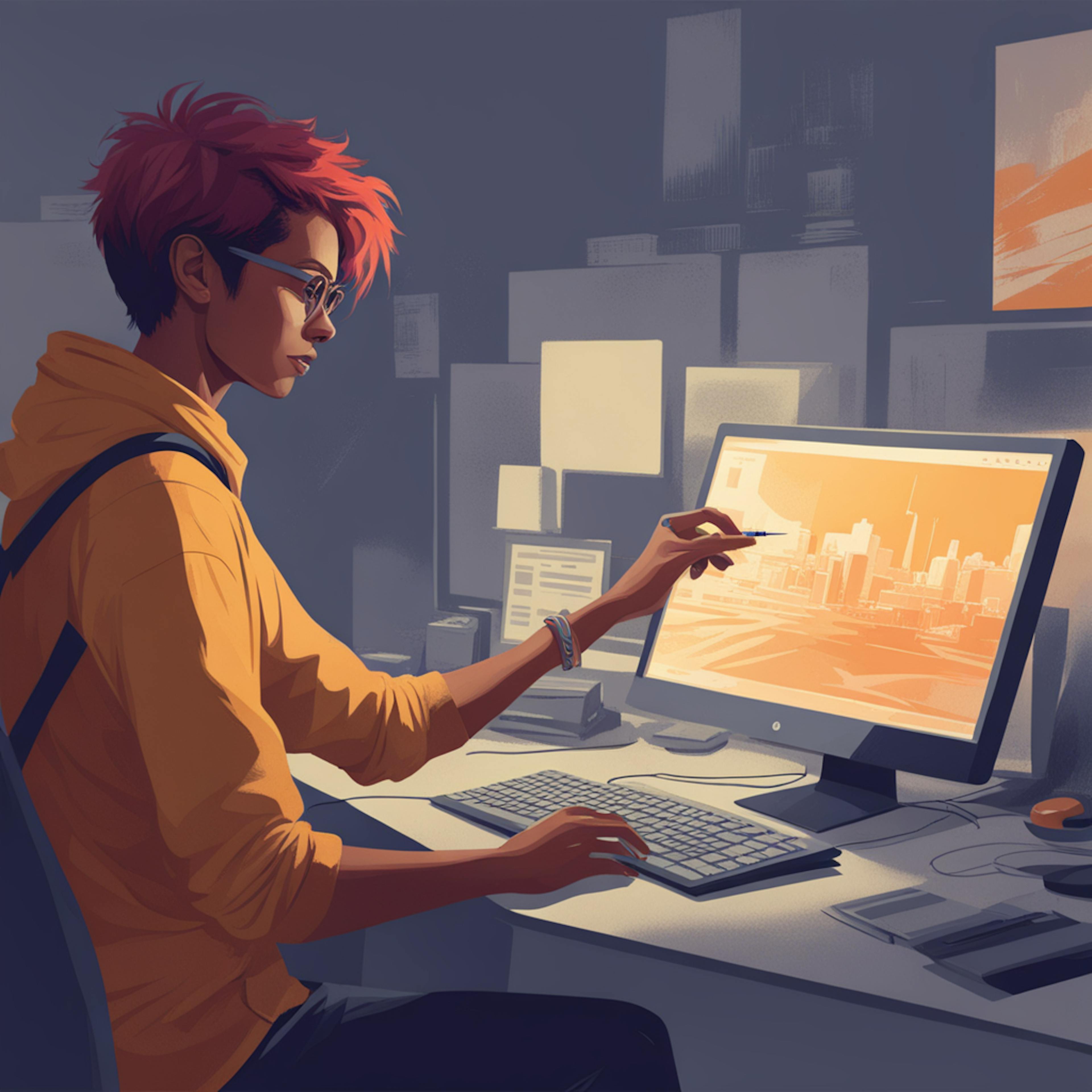 A focused designer with red hair and glasses, using a stylus pen on a digital tablet connected to a Mac computer, illustrating the use of advanced design software on Mac for digital artwork creation.