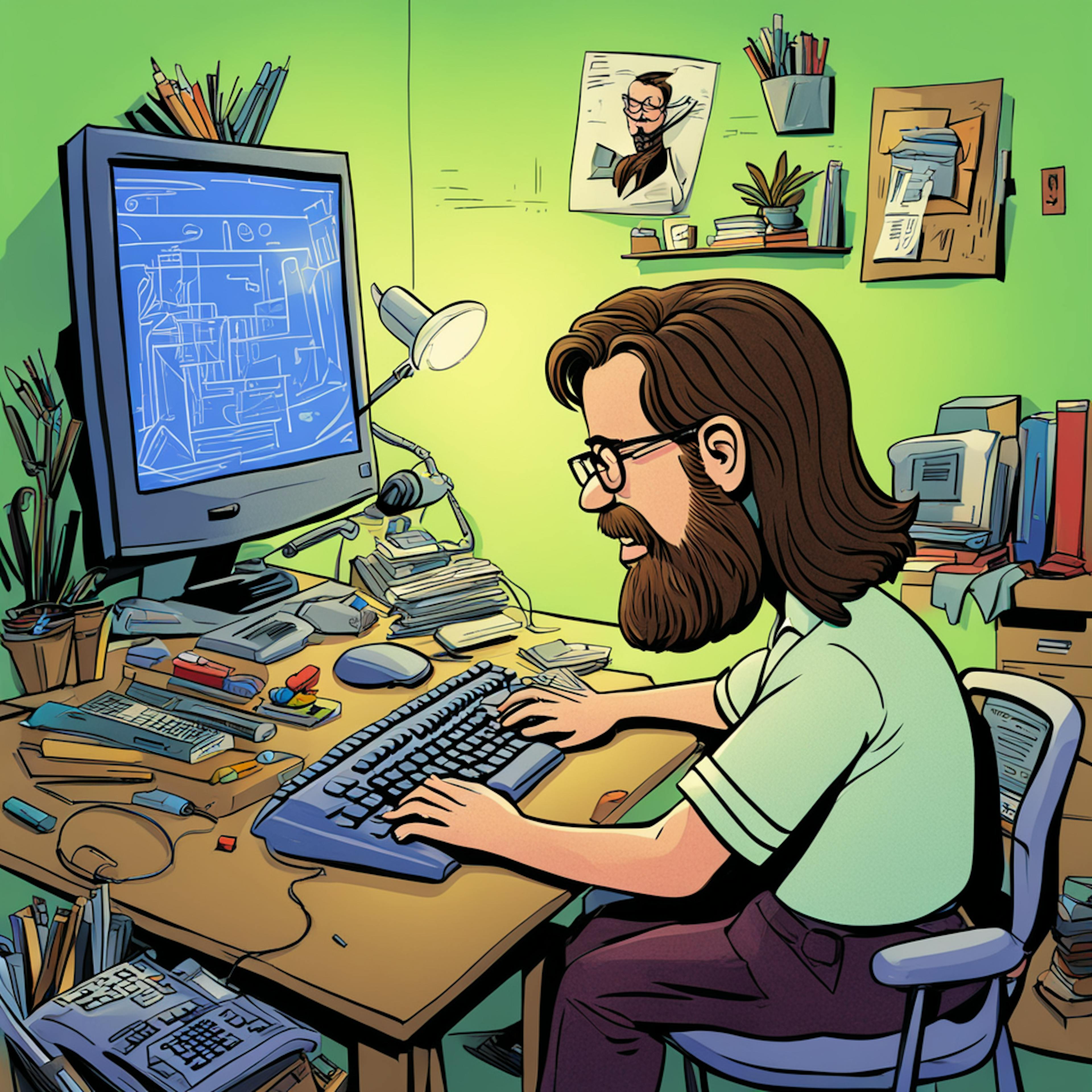 A cartoon illustration of a bearded man working at a cluttered desk, surrounded by various office supplies, books, and papers, intently typing on a keyboard. This creative character depicts an engaging scene perfect for a "funnel page" that aims to capture attention with a humorous and relatable image of focused work in a casual environment.