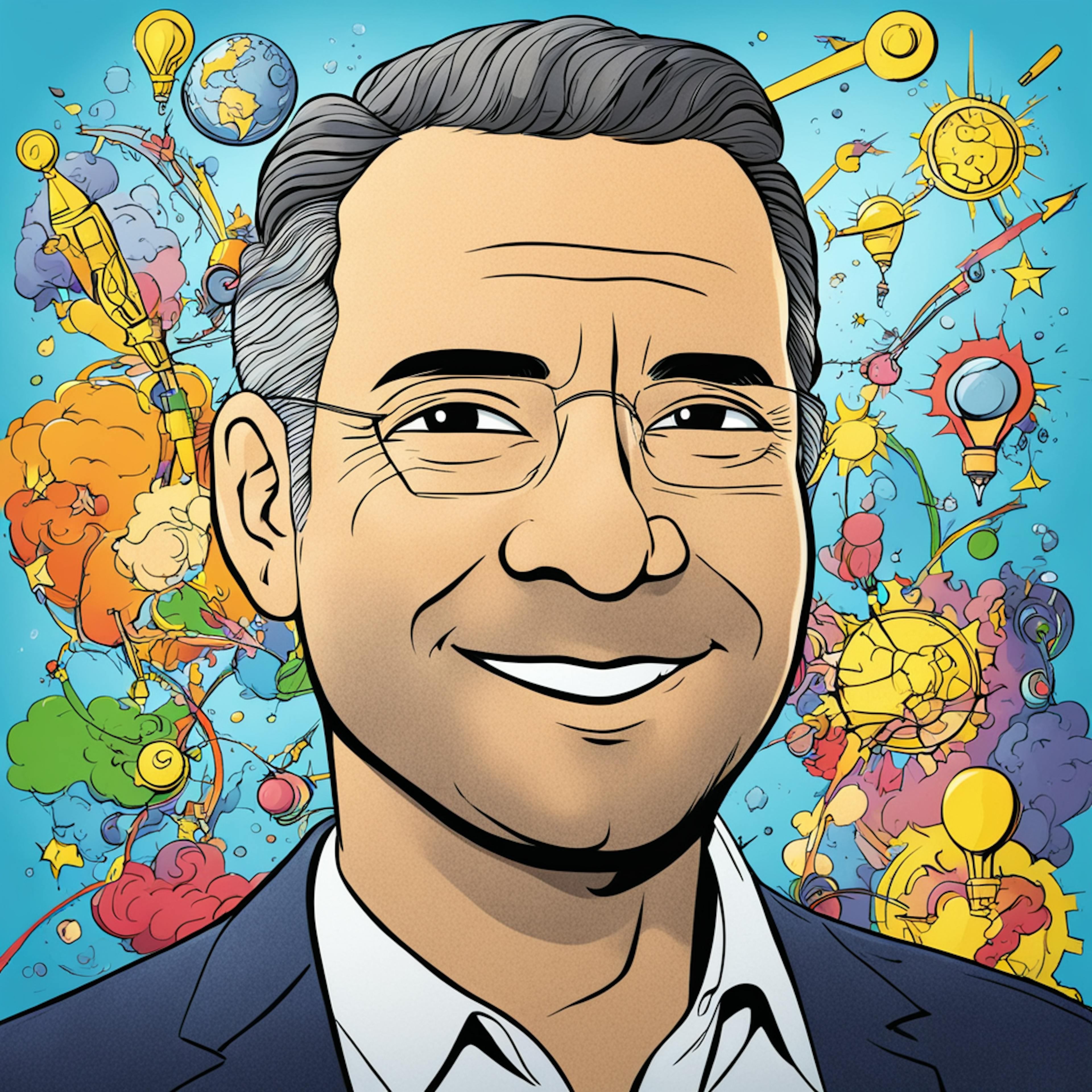 A vibrant, colorful illustration of a smiling man in glasses, with dynamic elements like light bulbs, planets, and abstract designs surrounding him, symbolizing creativity and innovation. This image is ideal for a "funnel page" that conveys a sense of energy, ideas, and forward-thinking solutions.