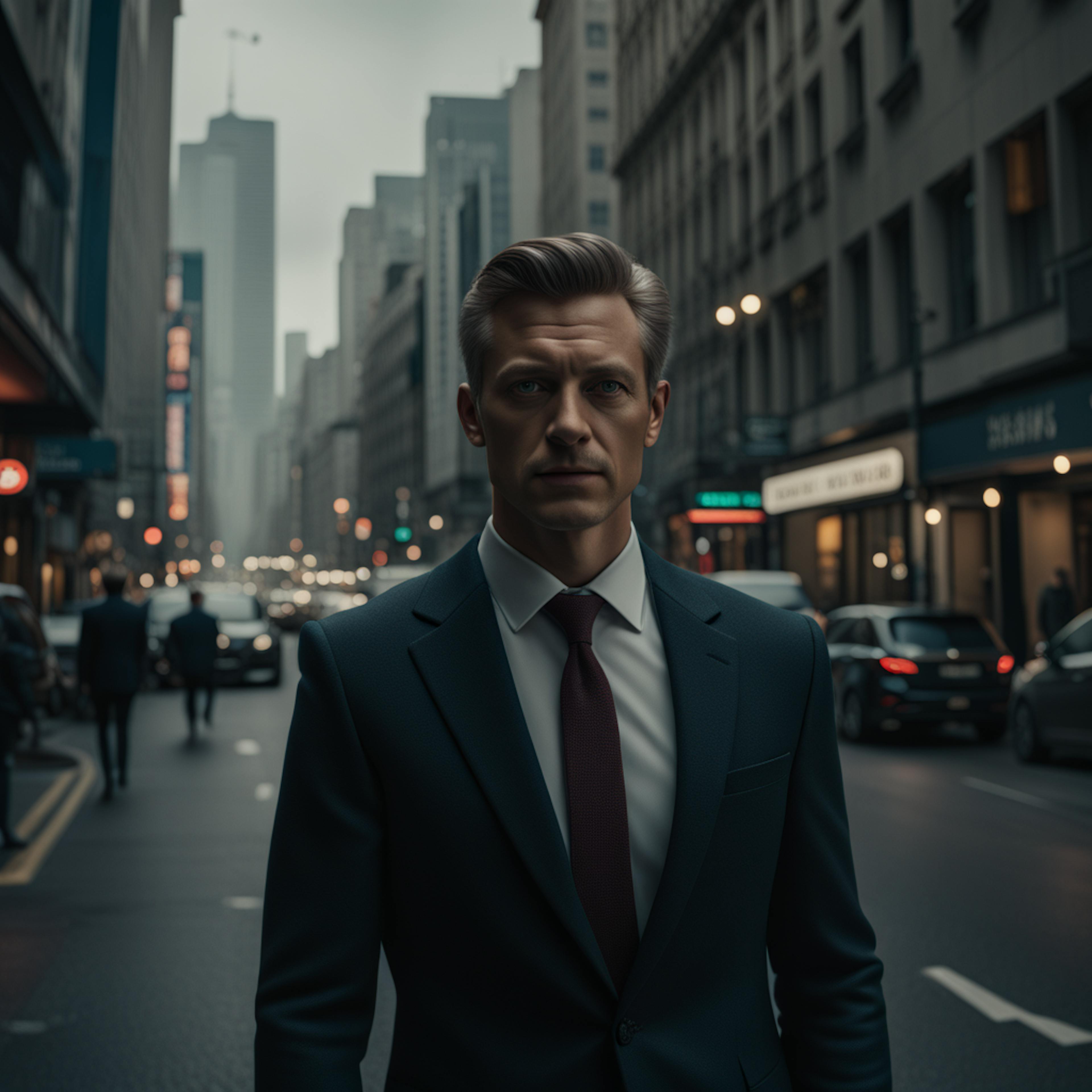 A confident businessman standing in the middle of a bustling city street, exuding professionalism and leadership, perfect for illustrating "full service social media management" in a corporate context.