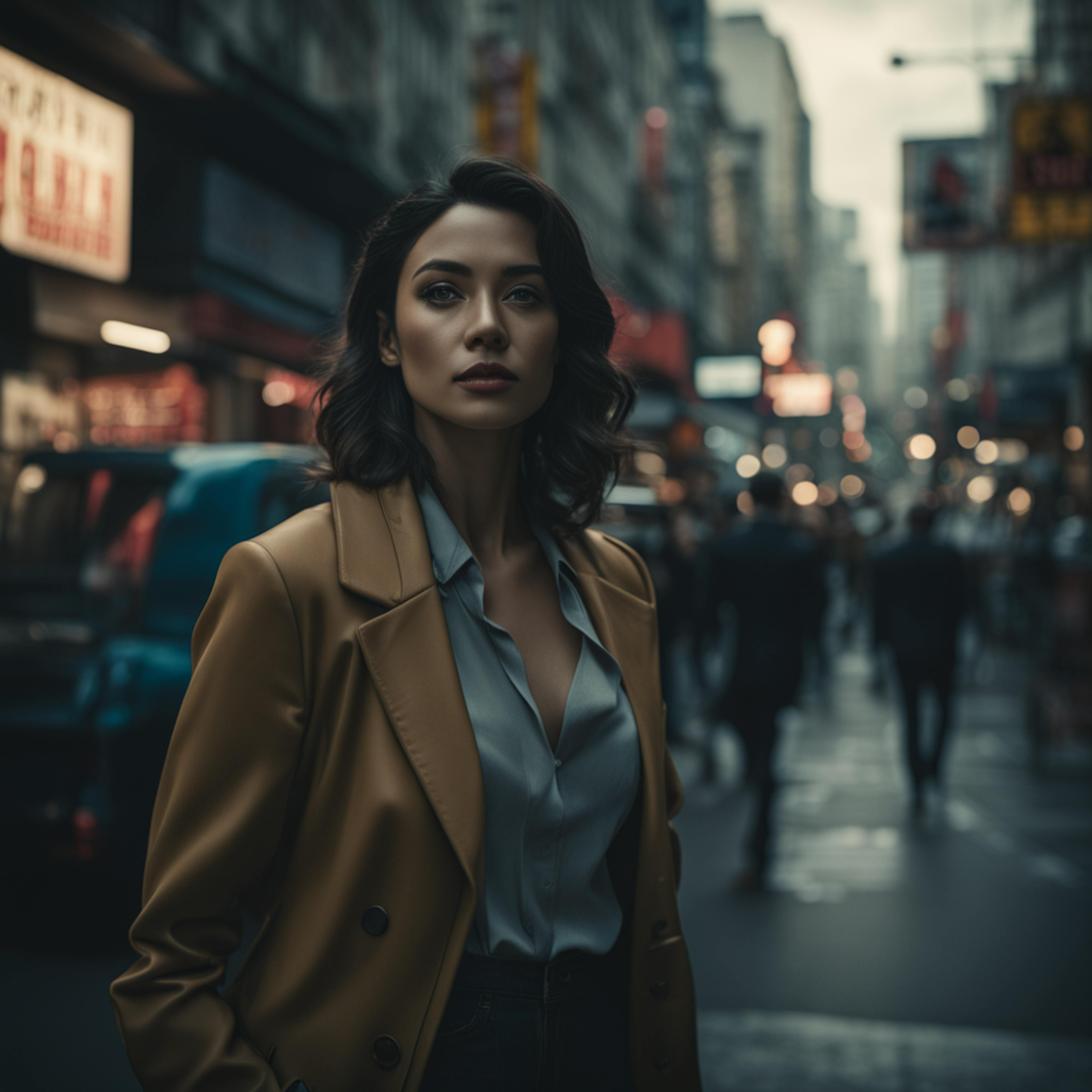 A poised businesswoman navigating through a crowded urban environment, embodying a strong and strategic presence, ideal for showcasing "full service social media management" for female-led enterprises.