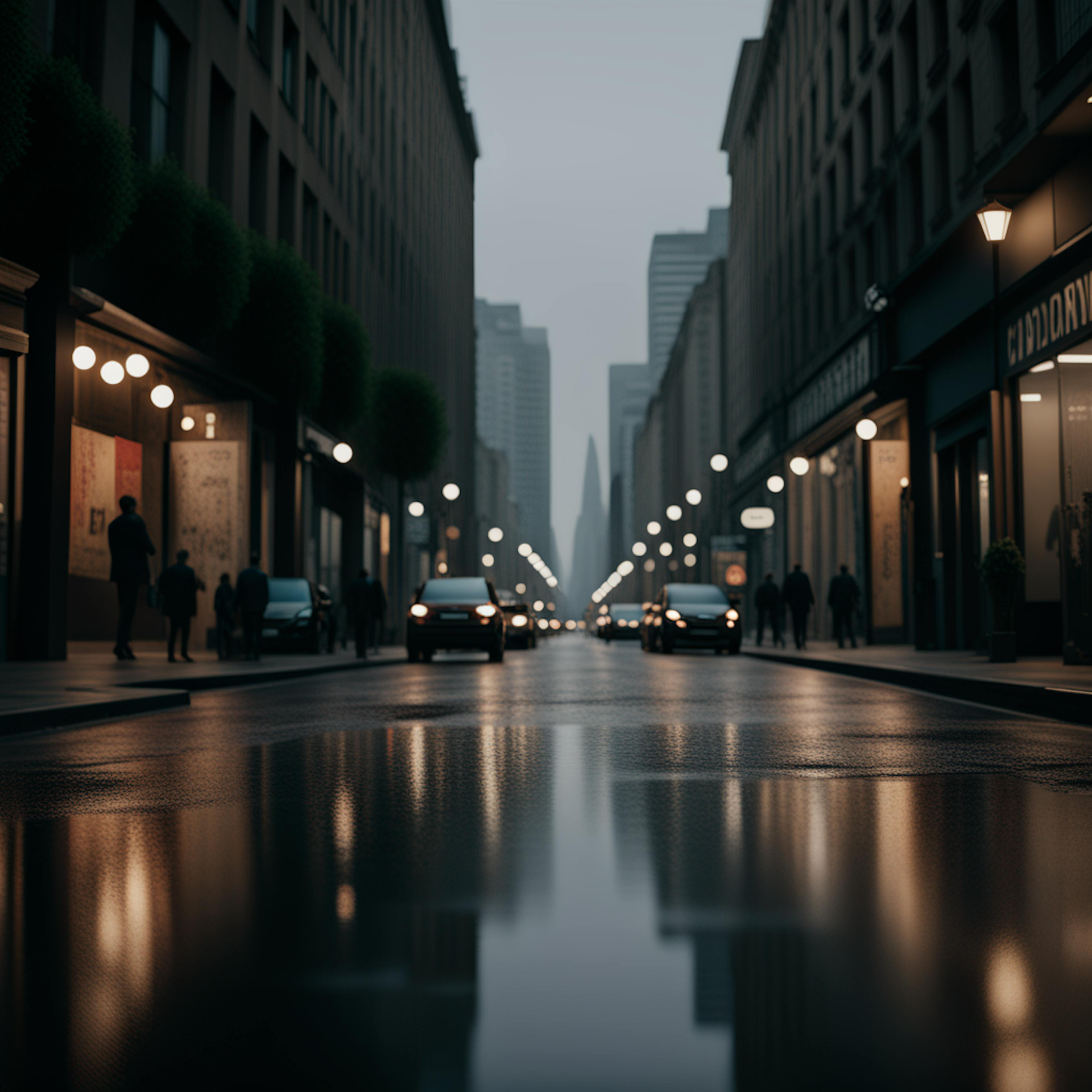 A moody evening scene of a city street, with reflective surfaces and atmospheric lighting, capturing the essence of urban sophistication and the dynamic nature of "full service social media management."