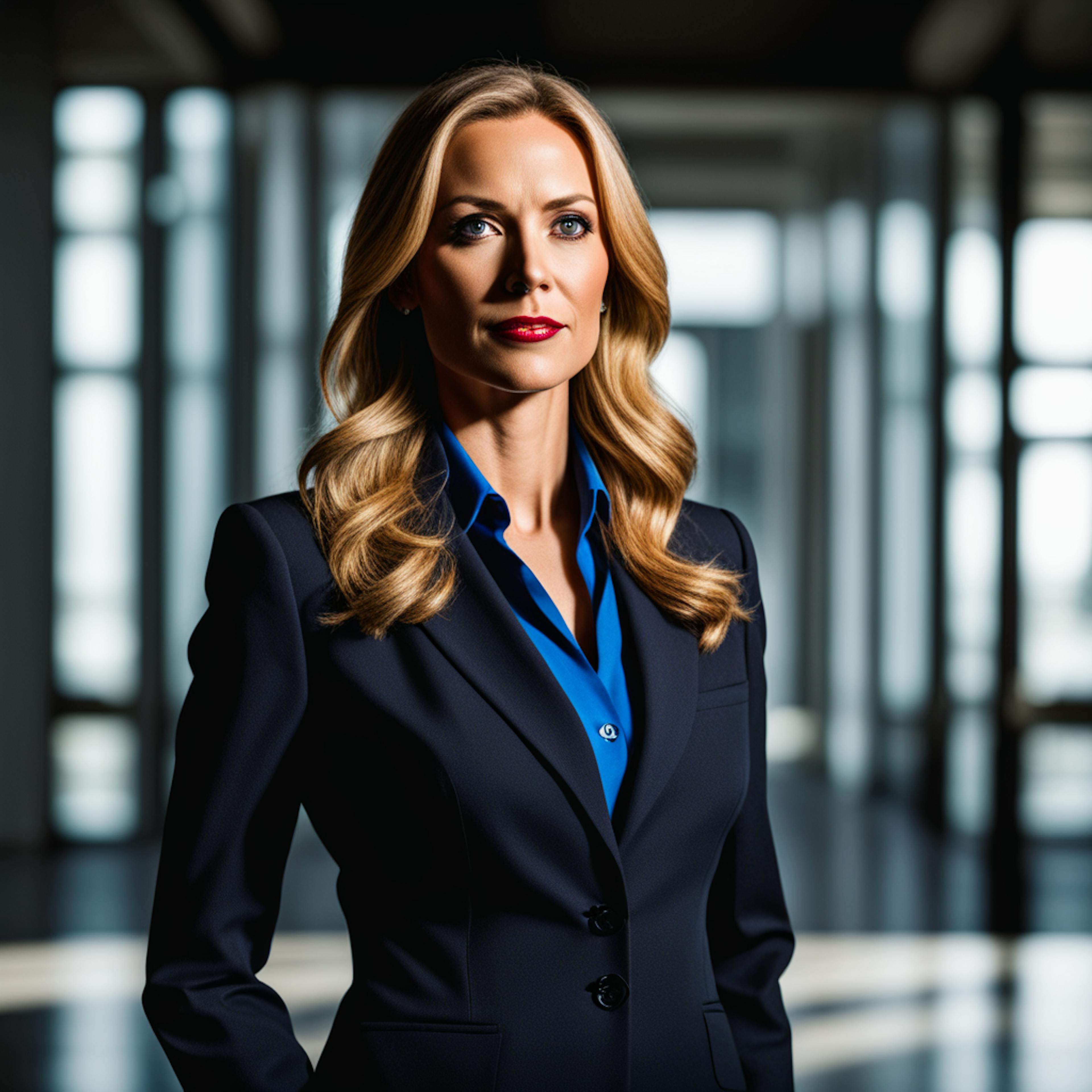 A professional woman in a blue shirt and blazer, standing in a bright, modern office, analyzing options for email SaaS providers to enhance organizational efficiency.