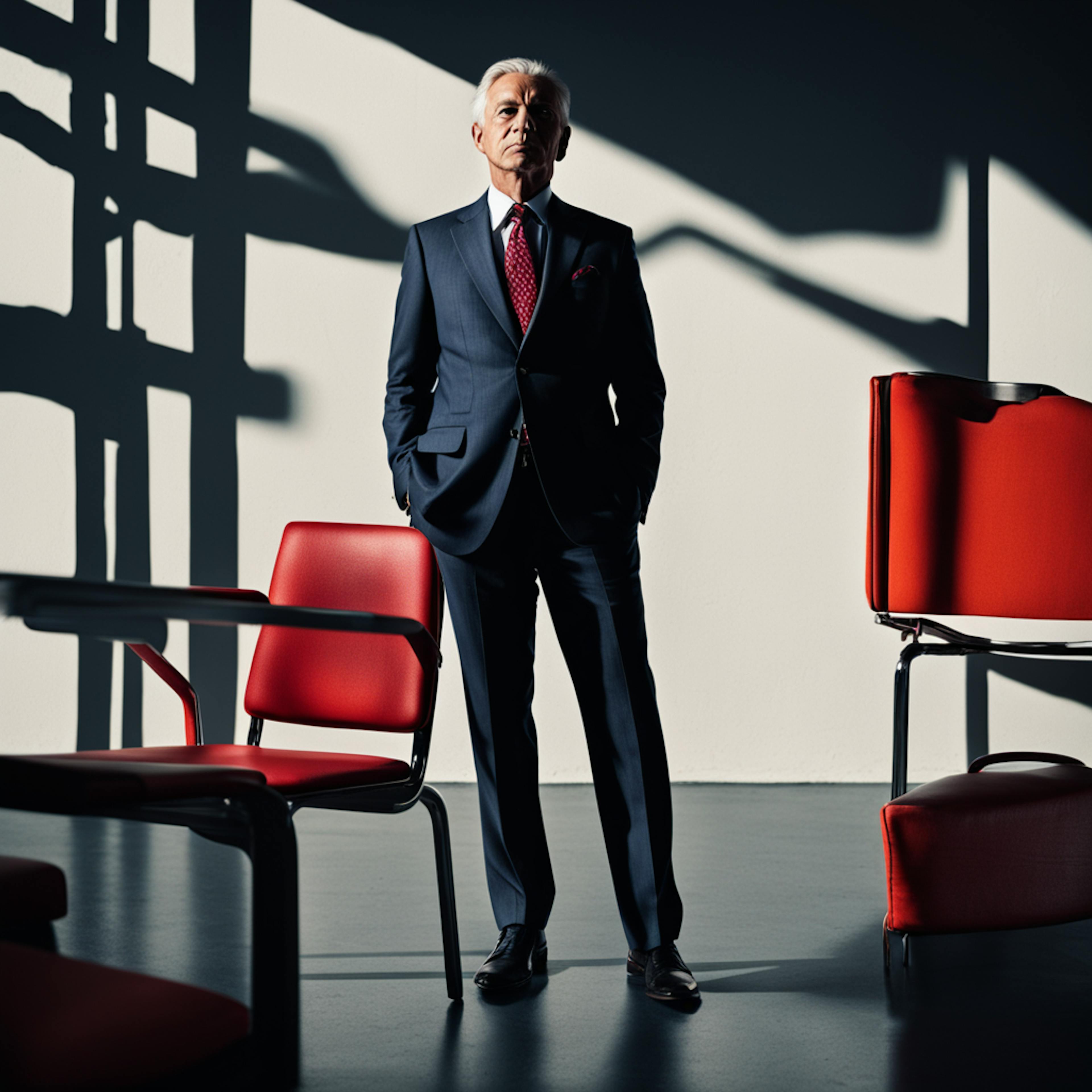 A confident senior executive standing beside red chairs in a minimalist office, representing the decision-making process for choosing the best email SaaS providers for corporate communication.