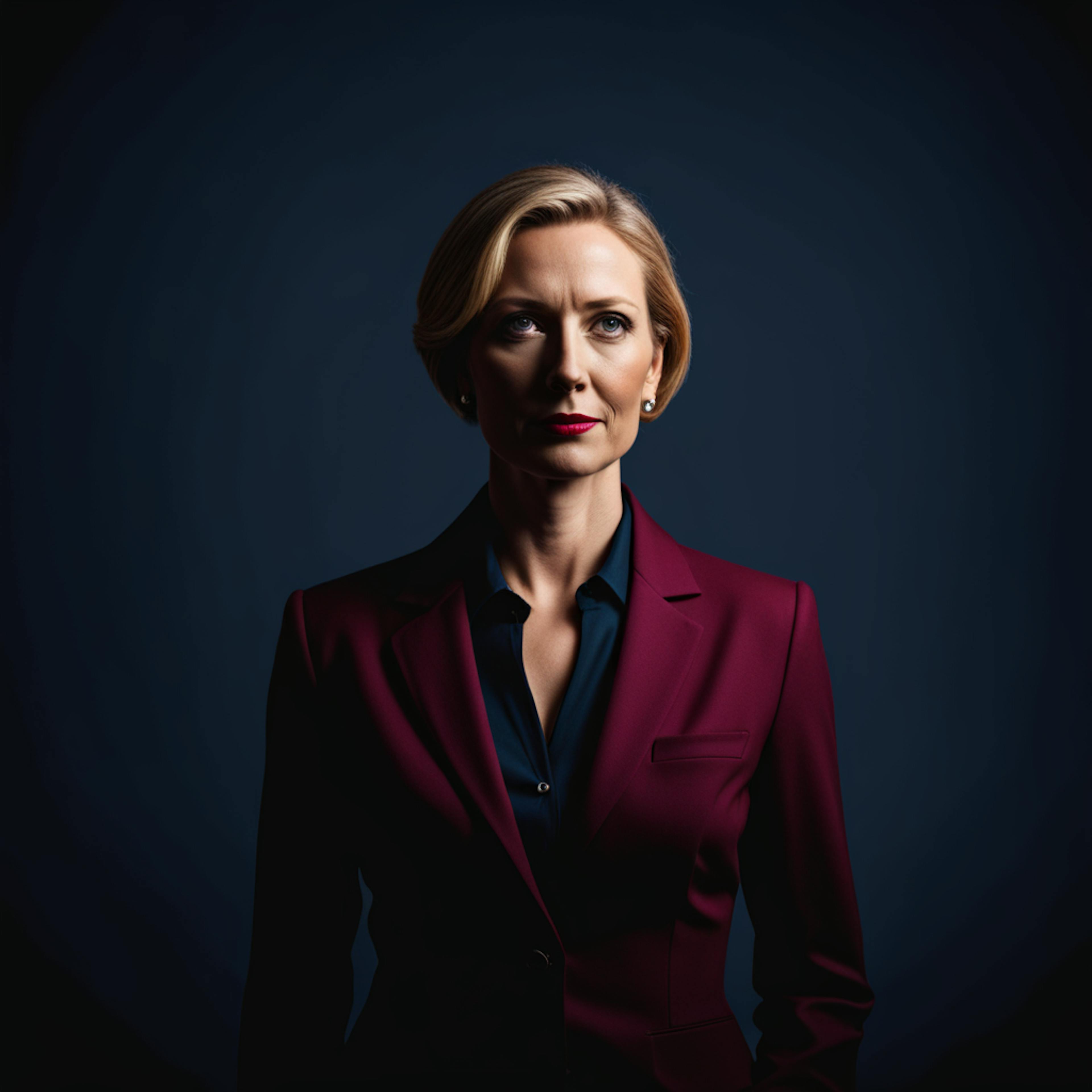 A poised businesswoman in a burgundy suit, standing against a dark background, contemplating the advantages of different email SaaS providers for professional networking.