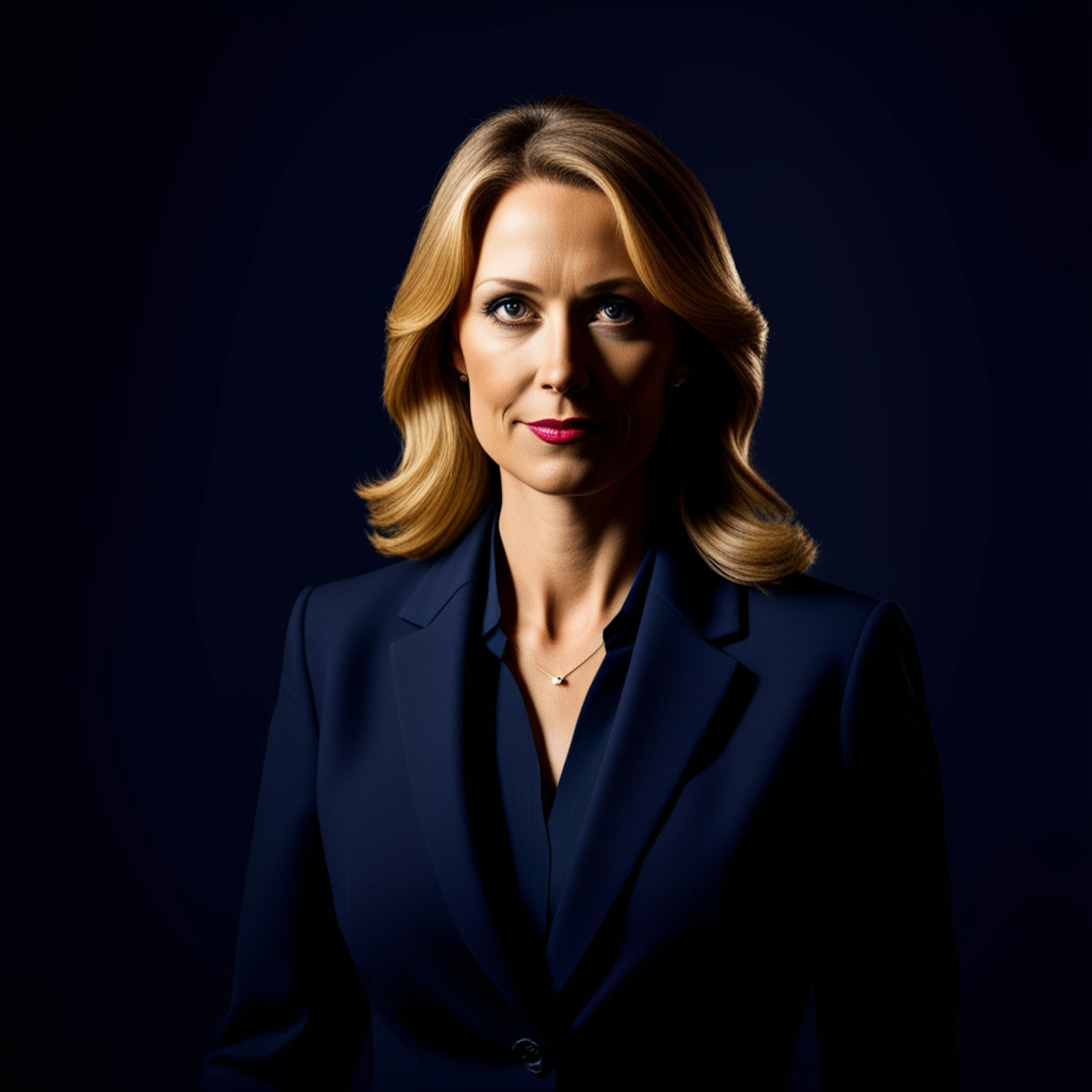 A professional woman in a navy blue suit with a confident expression, symbolizing the ideal persona to feature in a mailing list template for leadership insights.