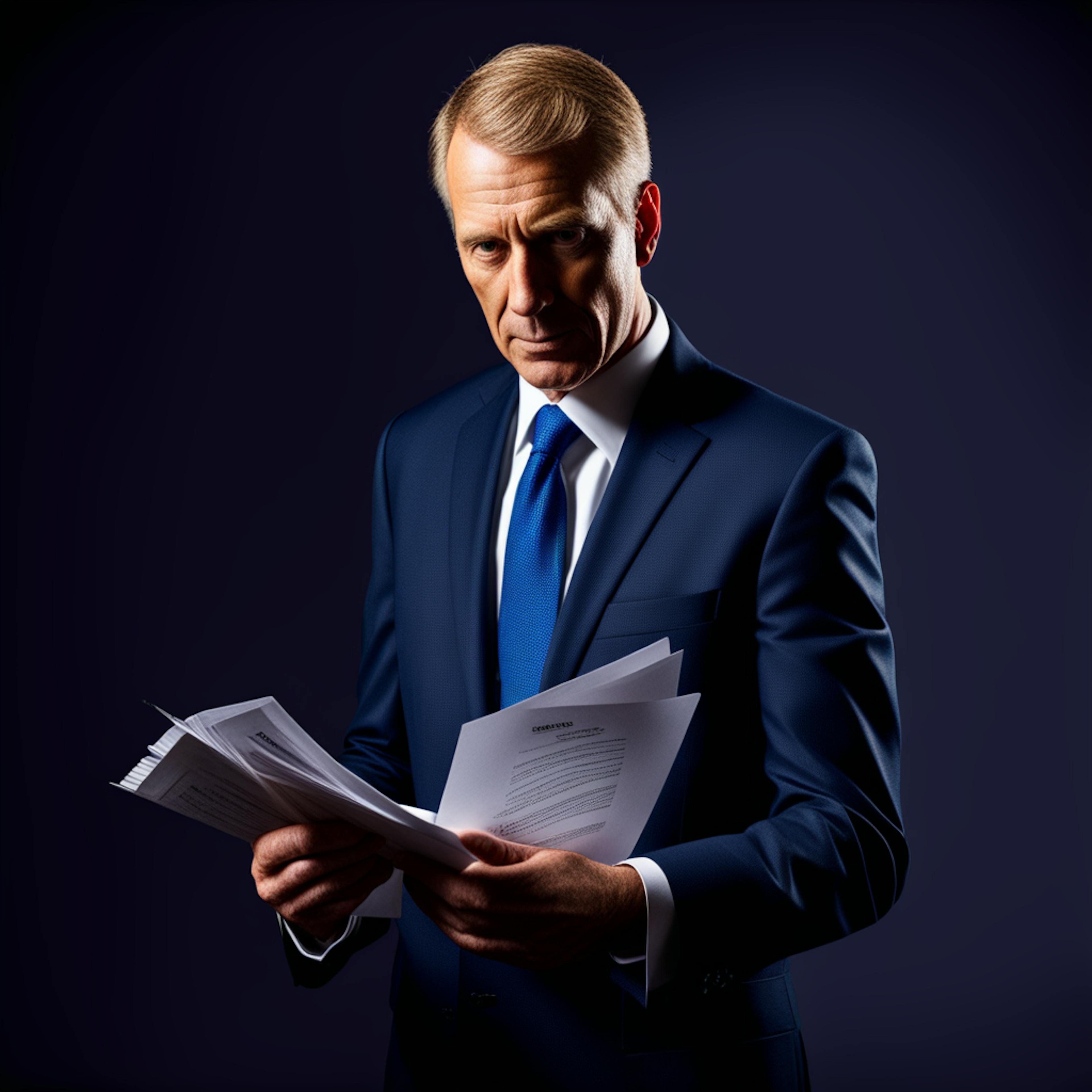 An executive man in a blue suit, intensely reviewing documents, representing the serious tone of a mailing list template focused on industry analysis and updates.