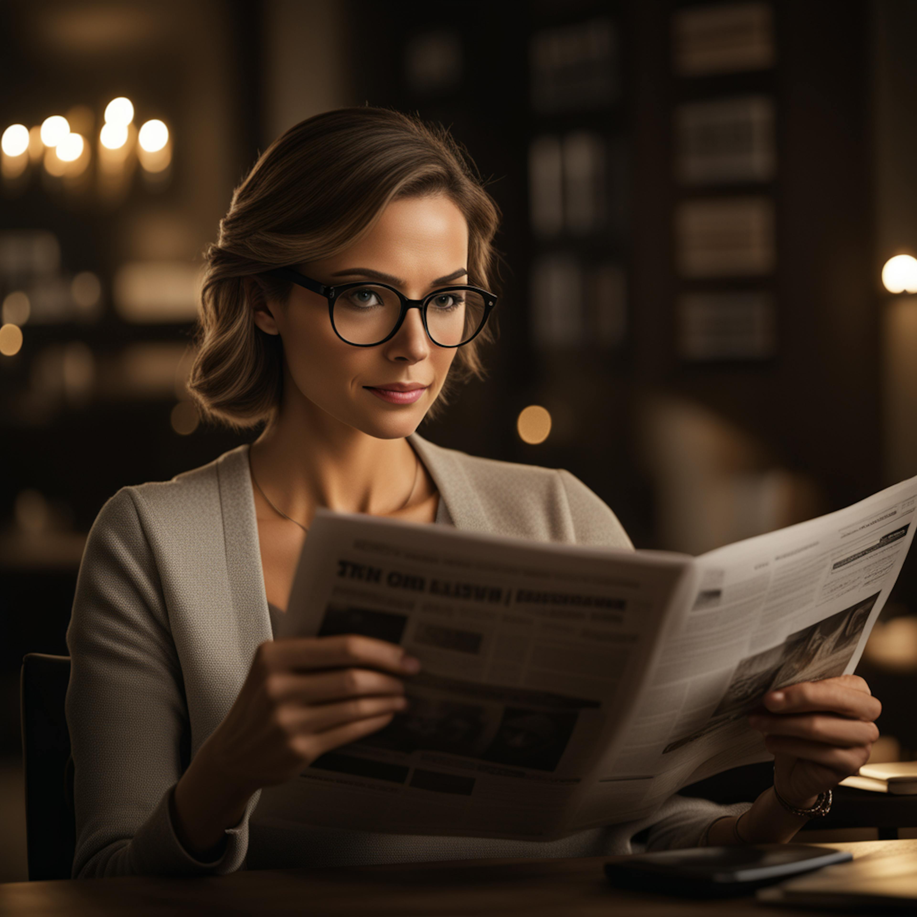 A thoughtful woman wearing glasses, reading a newspaper in a dimly lit room, inspiring a mailing list template that targets readers who value curated news and expert opinions.