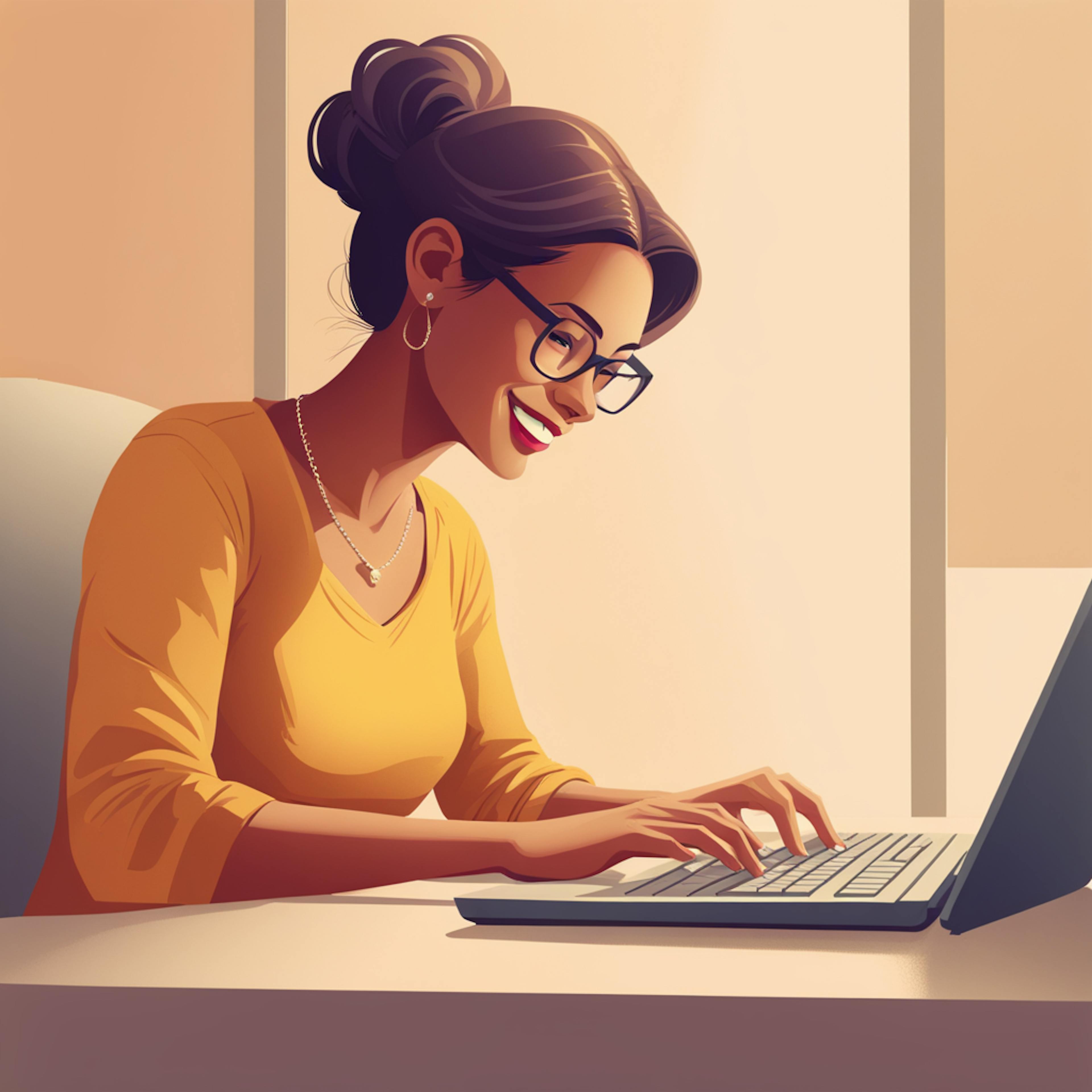 A cheerful woman in a cozy setting, working on her laptop, reflecting the development of a personalized emailing list template for professional use.