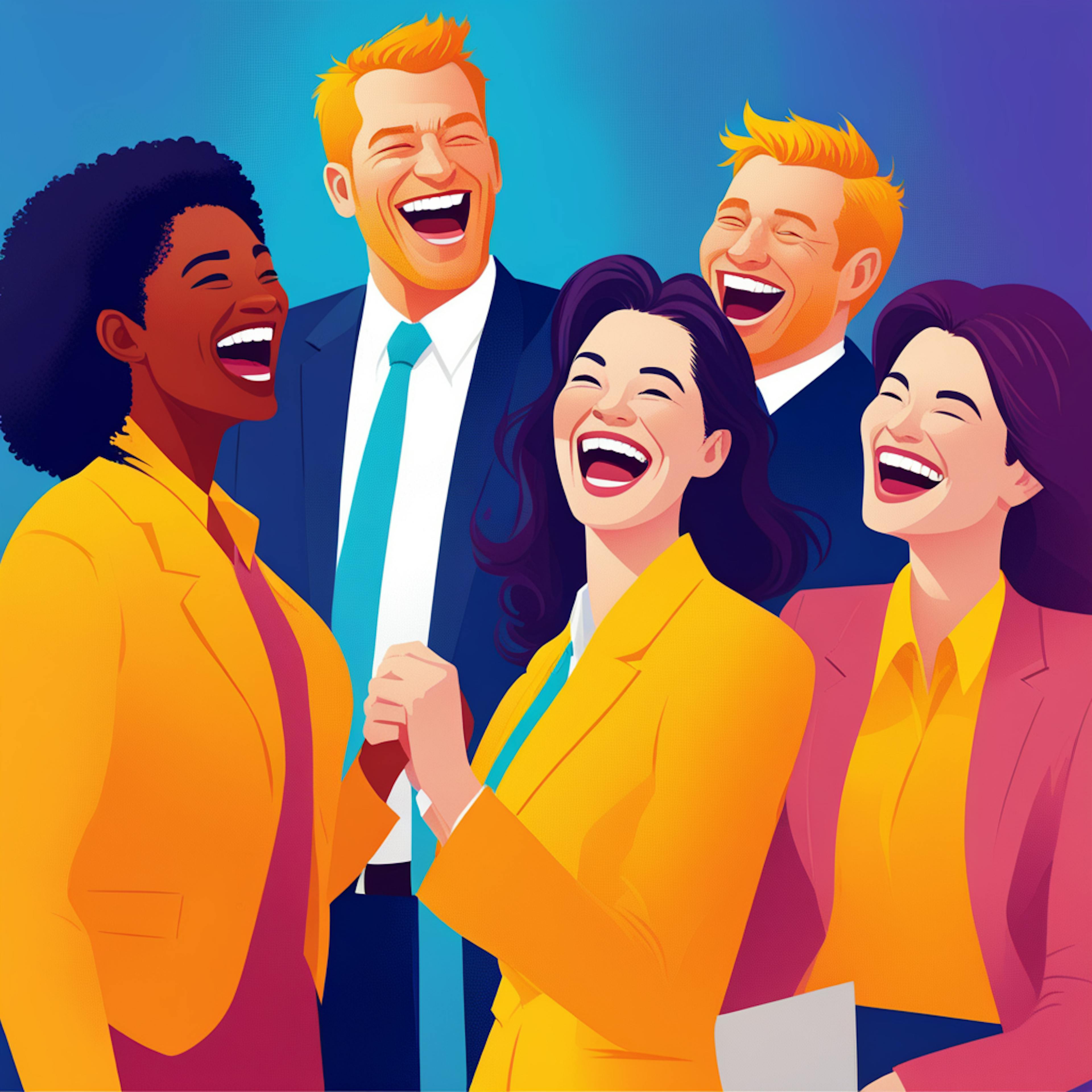 A cheerful team of colleagues sharing a light-hearted moment, inspired by their successful use of funny email subject lines to increase engagement.