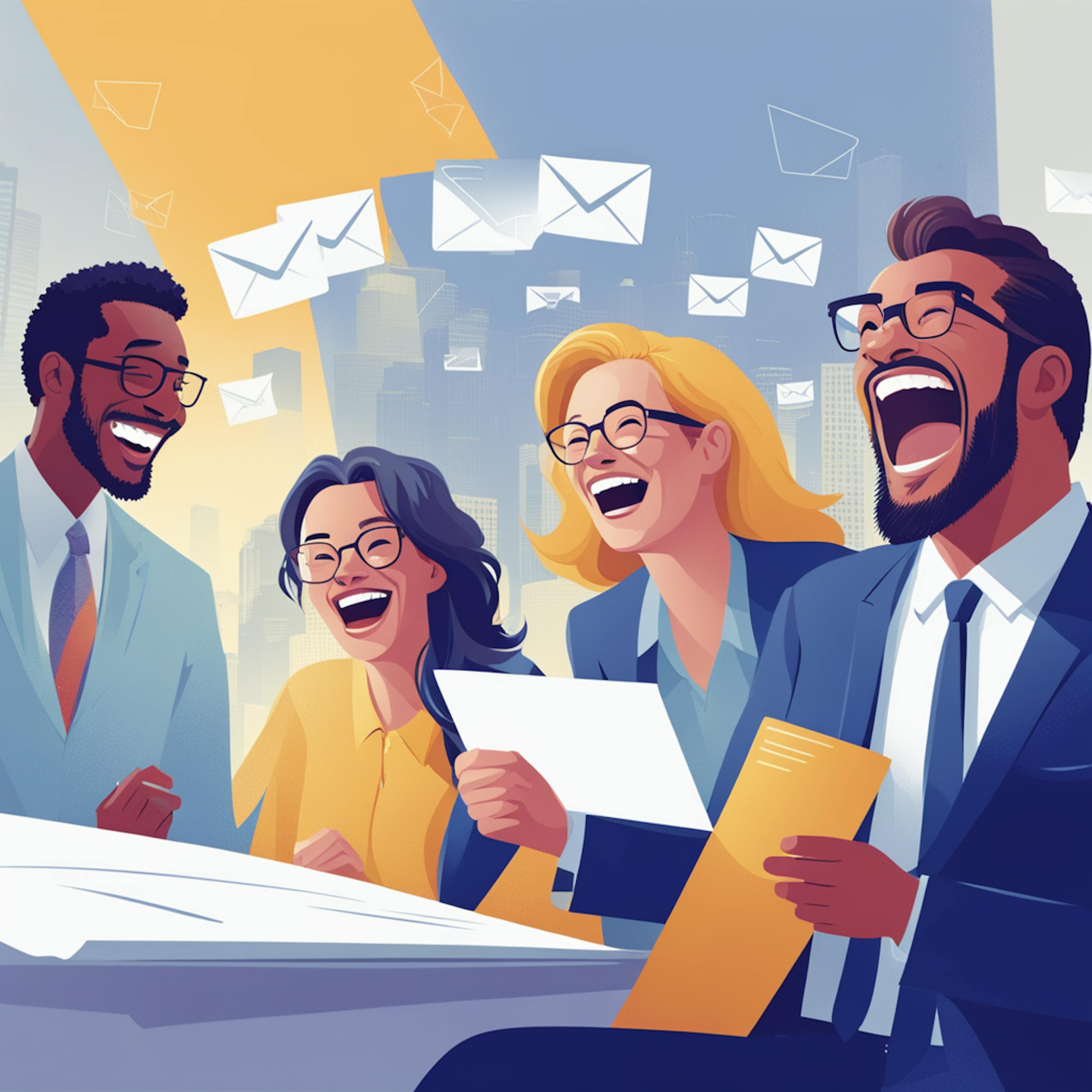 A group of diverse professionals laughing together, surrounded by flying email icons, brainstorming funny email subject lines for a marketing campaign.