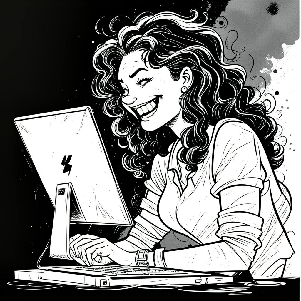 A woman with curly hair, laughing while working at her computer, demonstrating the creative energy involved in 'how to create a content calendar' that drives engagement.