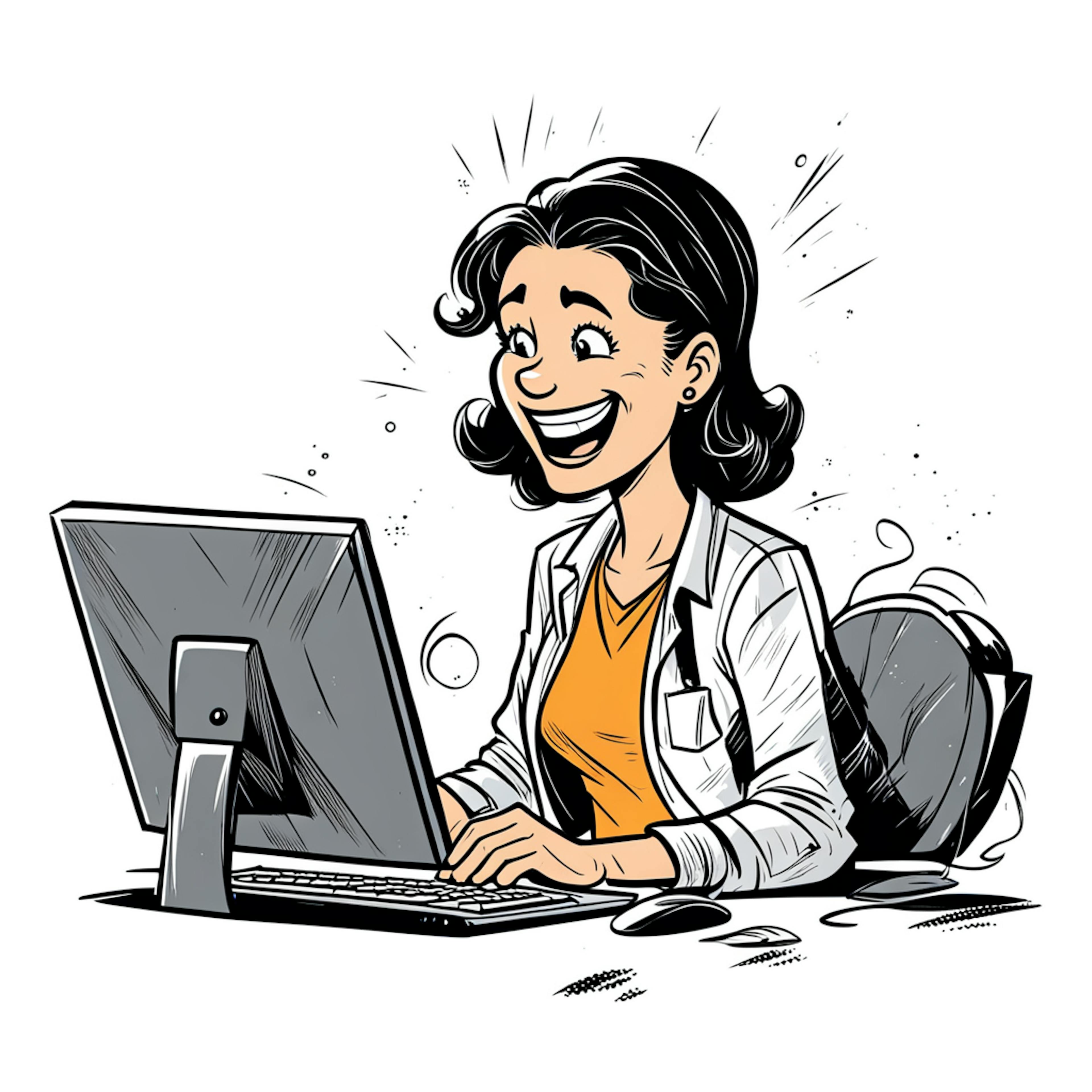 A smiling woman enthusiastically typing on her desktop computer, representing the excitement of learning 'how to create a content calendar' for digital marketing success.