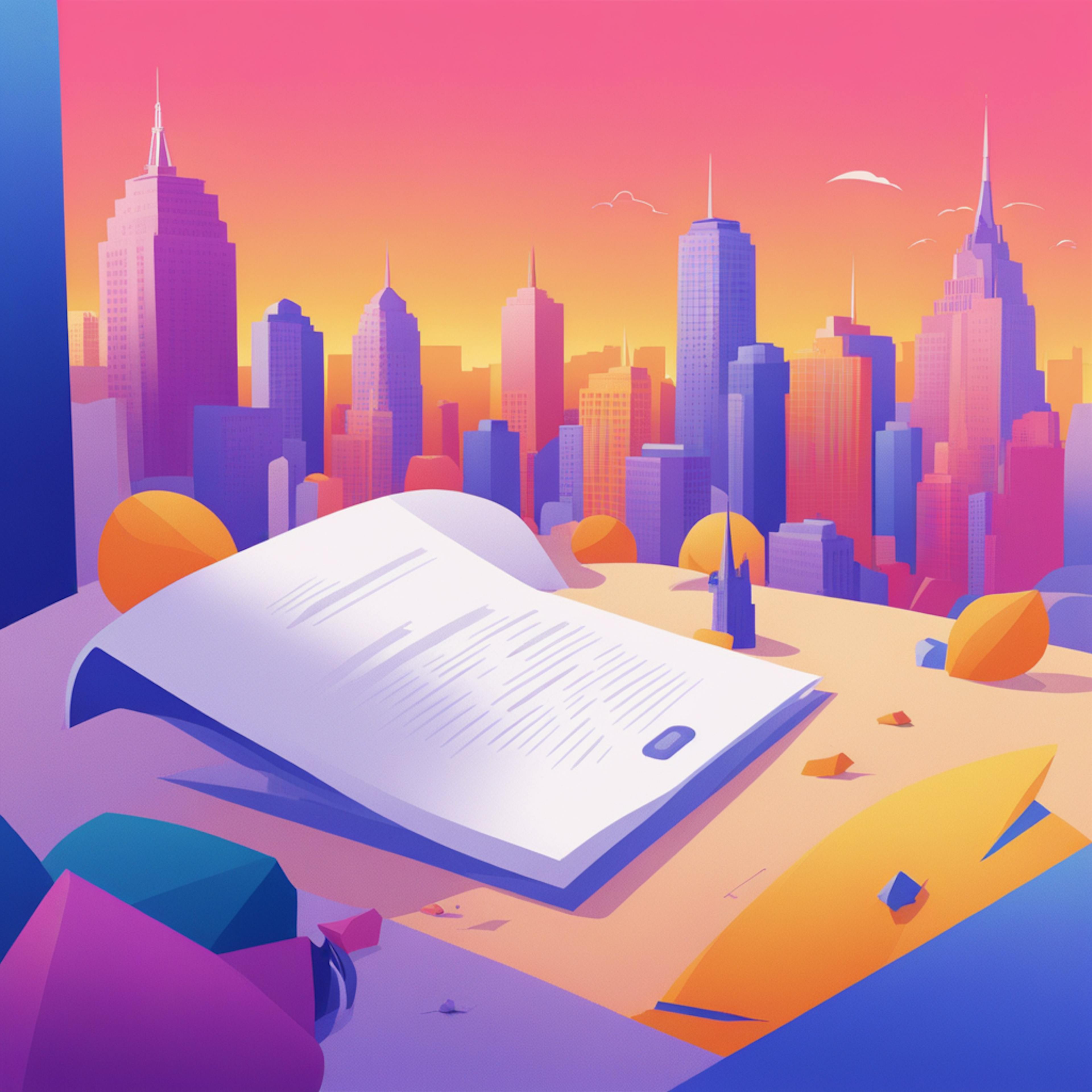 A vibrant cityscape with a large open book in the foreground, illustrating the strategic planning involved in learning how to test email campaigns for maximum