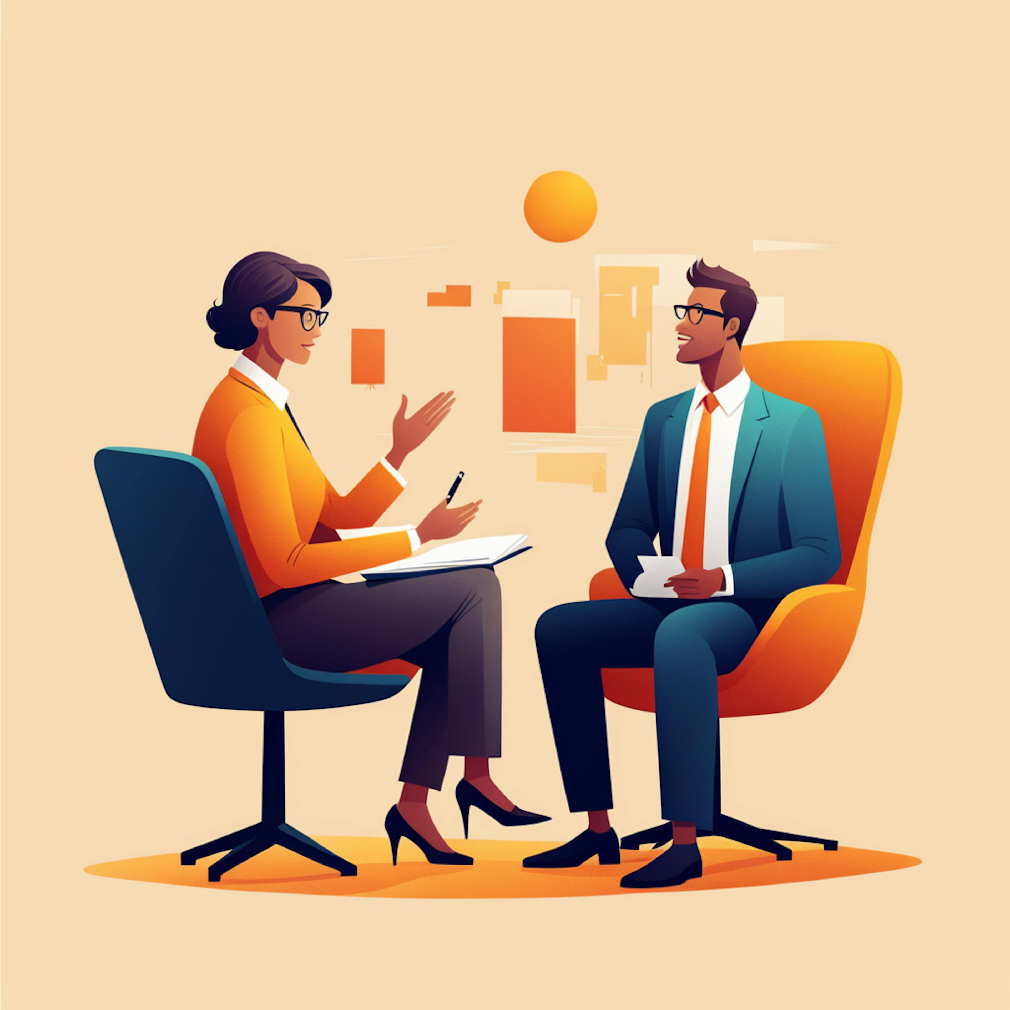 An illustration of two professionals in a business discussion, symbolizing a consultation on choosing the best marketing automation services to optimize campaign management.