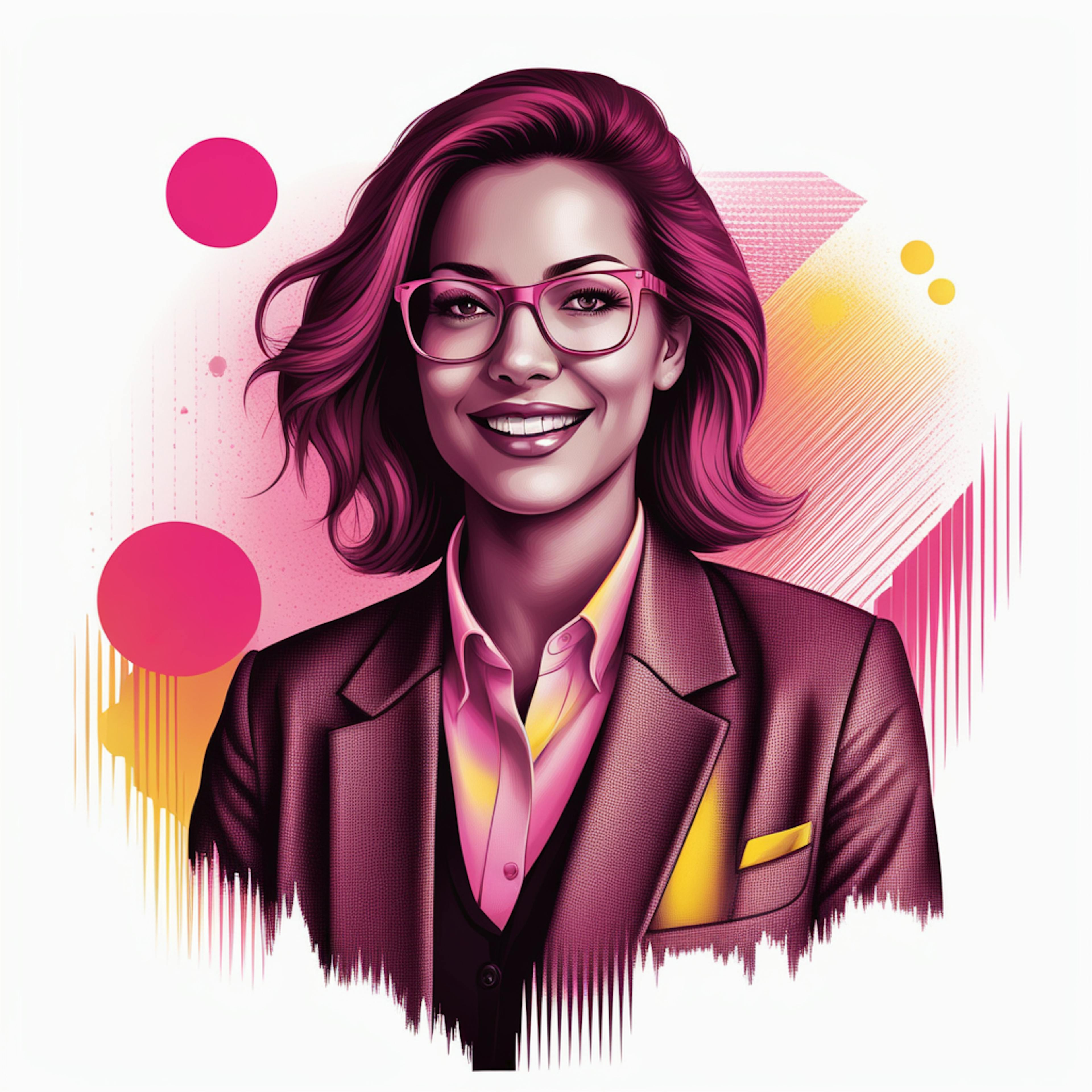 An illustrated image of a smiling businesswoman wearing glasses, representing the success story in a marketing case study highlighting effective communication and client engagement.