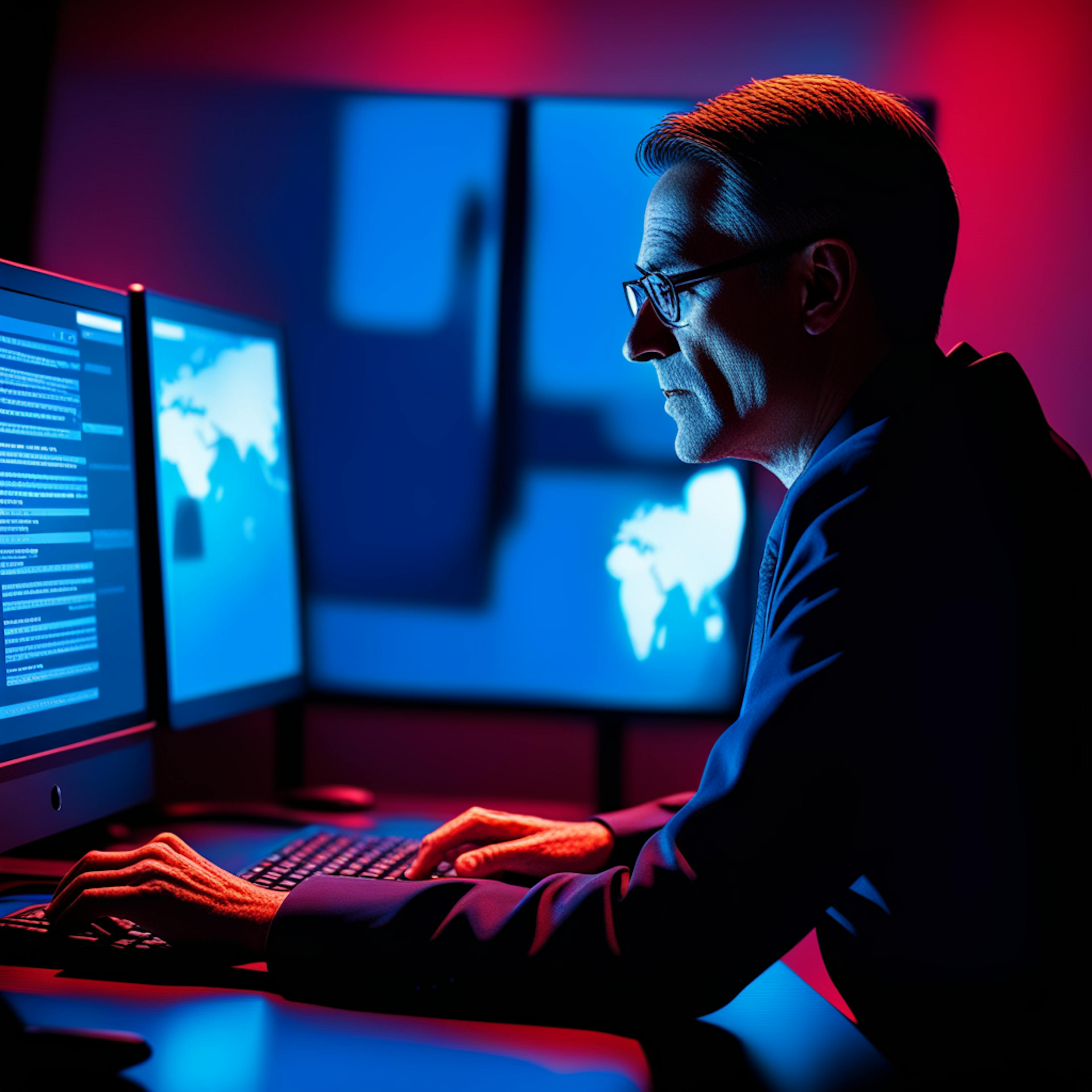 A focused professional immersed in a digital workspace with multiple monitors displaying data and maps, reflecting on global trends and cybersecurity. Suited for a "newsletter email subject line" related to cybersecurity updates or global business strategies.