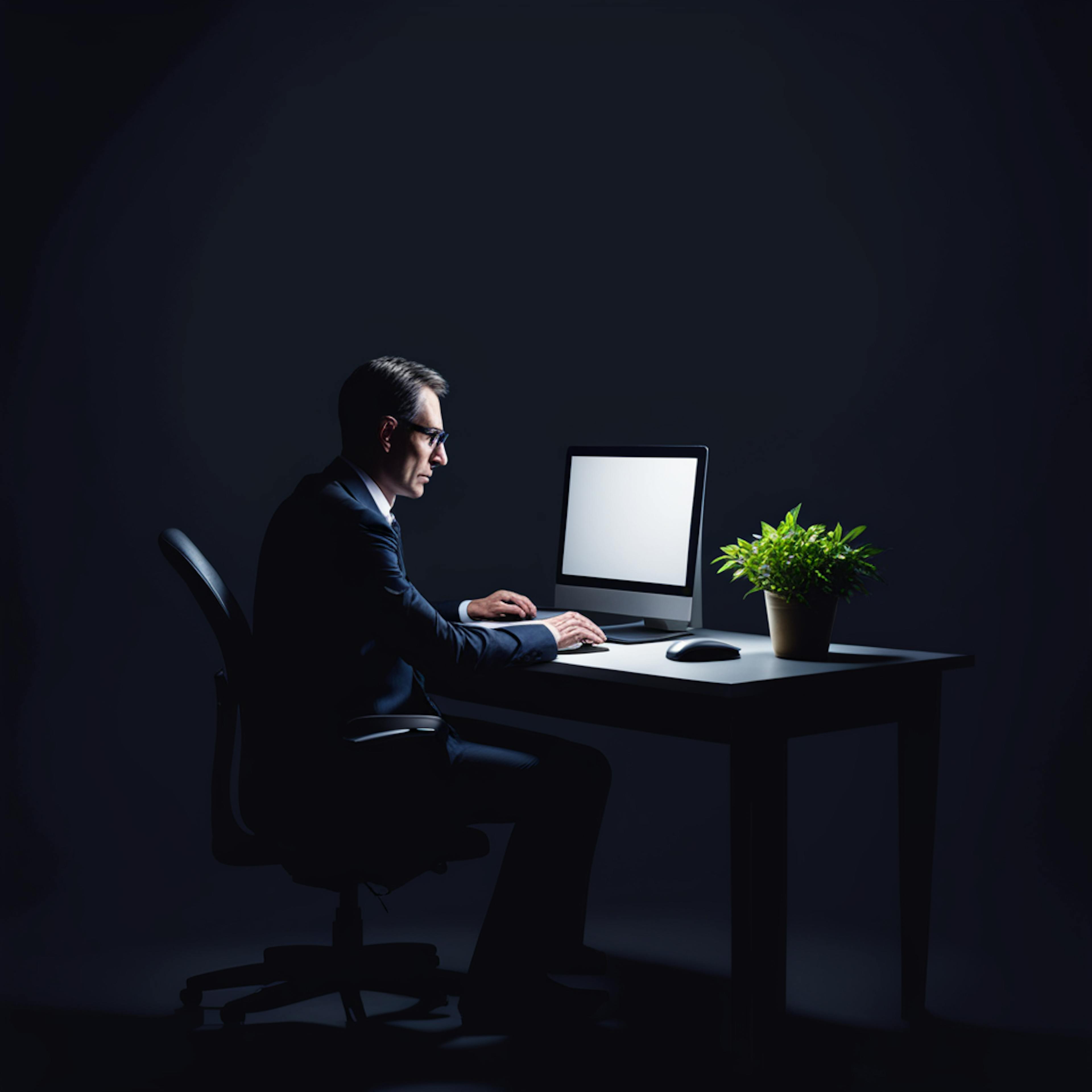 An executive working late at a dimly lit desk, illuminated only by the glow of his computer screen, suggesting dedication, focus, and the challenges of remote work. Ideal for a "newsletter email subject line" about productivity tips or work-life balance.