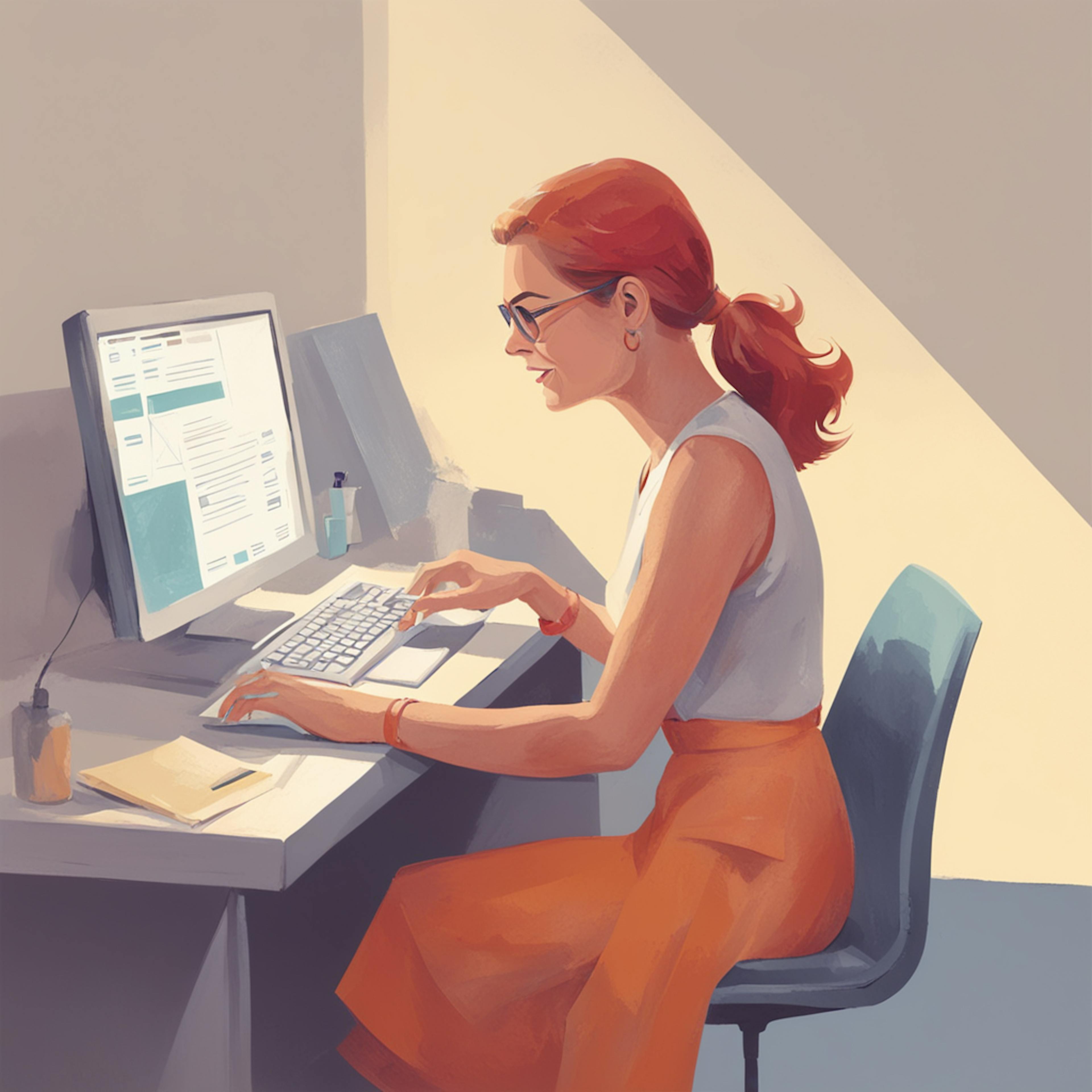 Close-up of a woman with red hair concentrating on her computer screen in a sunlit office - "Master your craft as an online illustrator: Tips to enhance your digital design workflow."