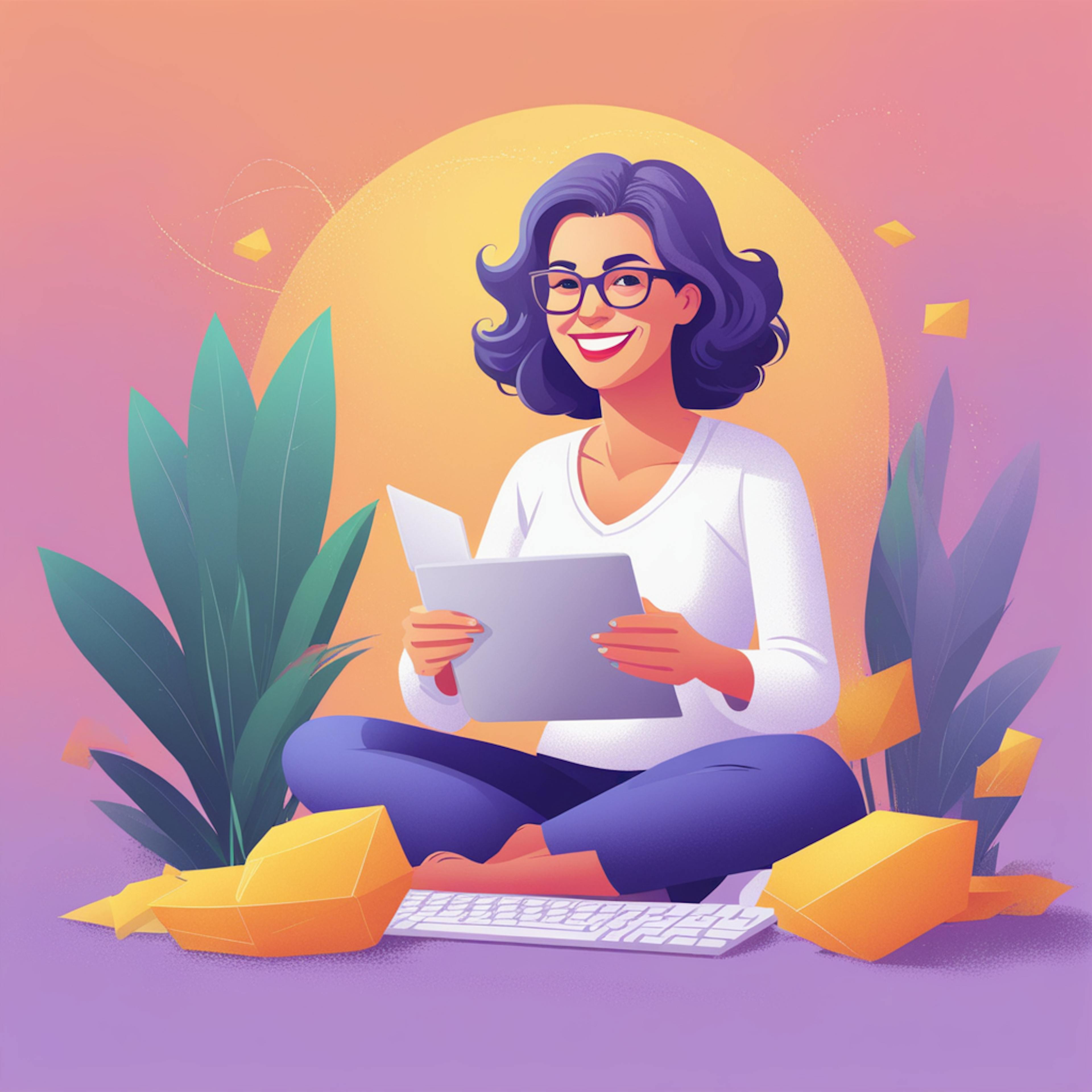 Image of a woman sitting cross-legged, reading documents with a smile and surrounded by yellow envelopes and plants - "Discover the best practices for an online illustrator: How to stay organized and creatively inspired."