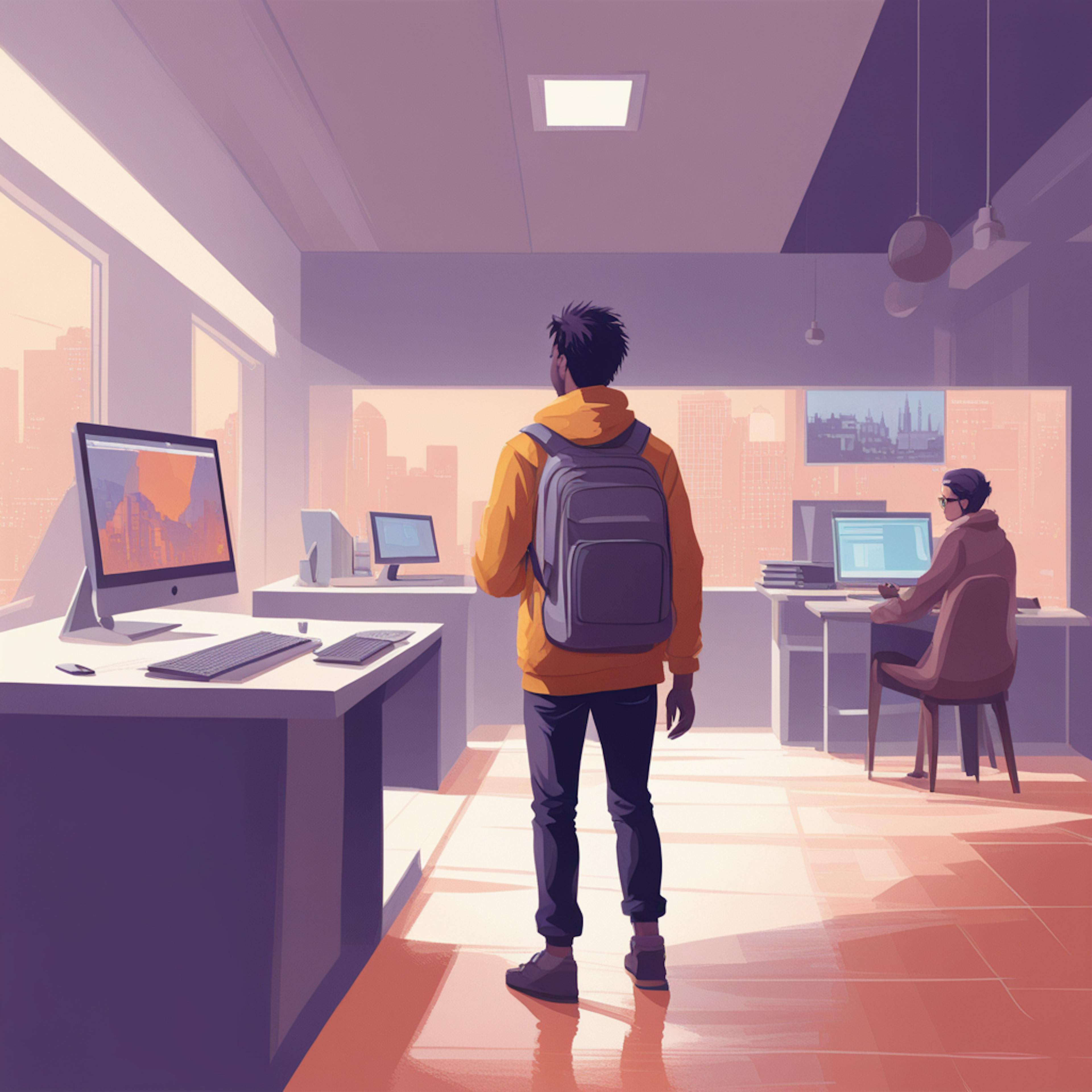 Scene of a person with a backpack entering a bright office filled with computers and designers working - "Explore the day in the life of an online illustrator: Finding creativity in a digital workspace."