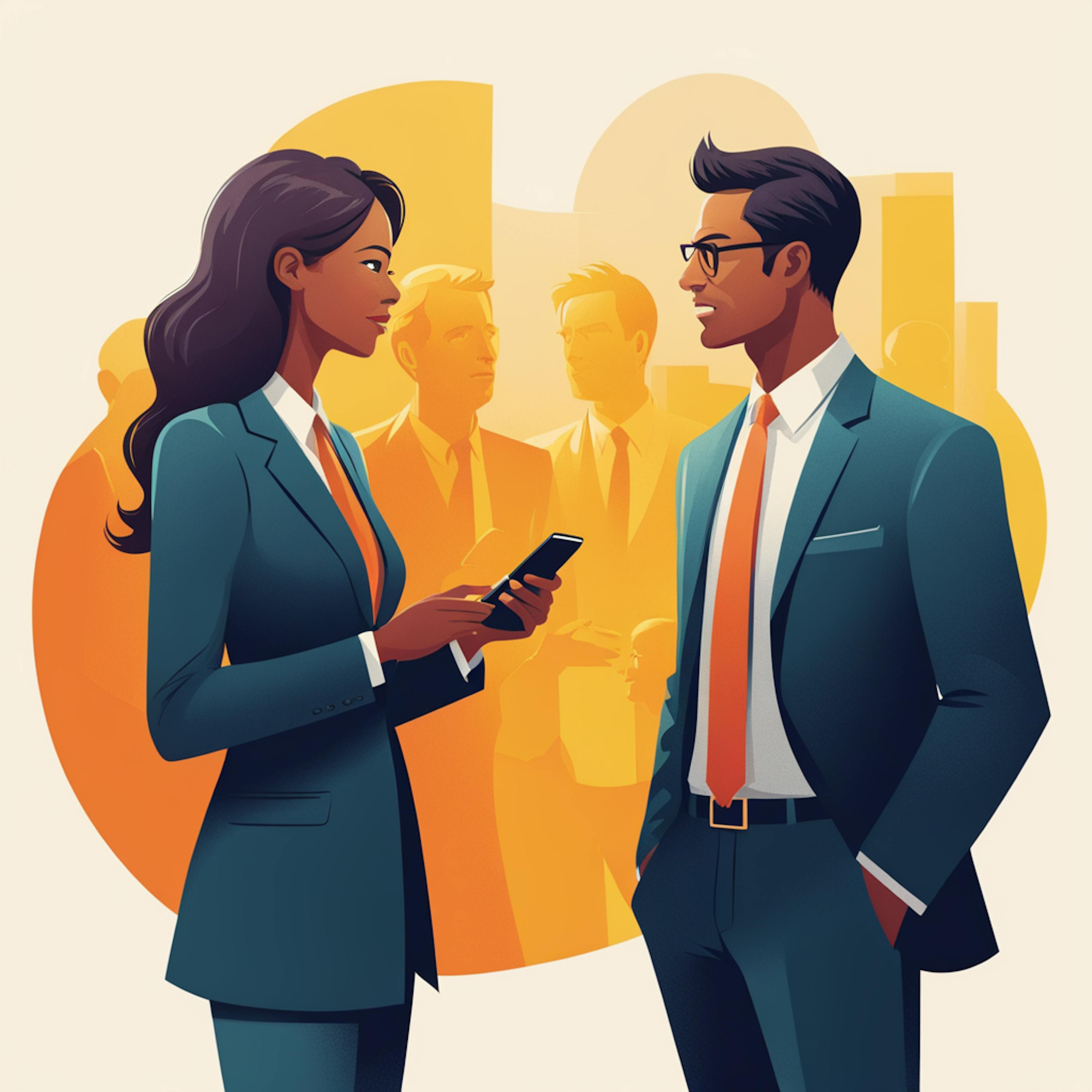 A professional woman and man engaging in conversation, both dressed in business attire, standing in front of a backdrop filled with a crowd. This vibrant illustration can be used to explore a "newsletter format for email" that fosters networking and professional communication.