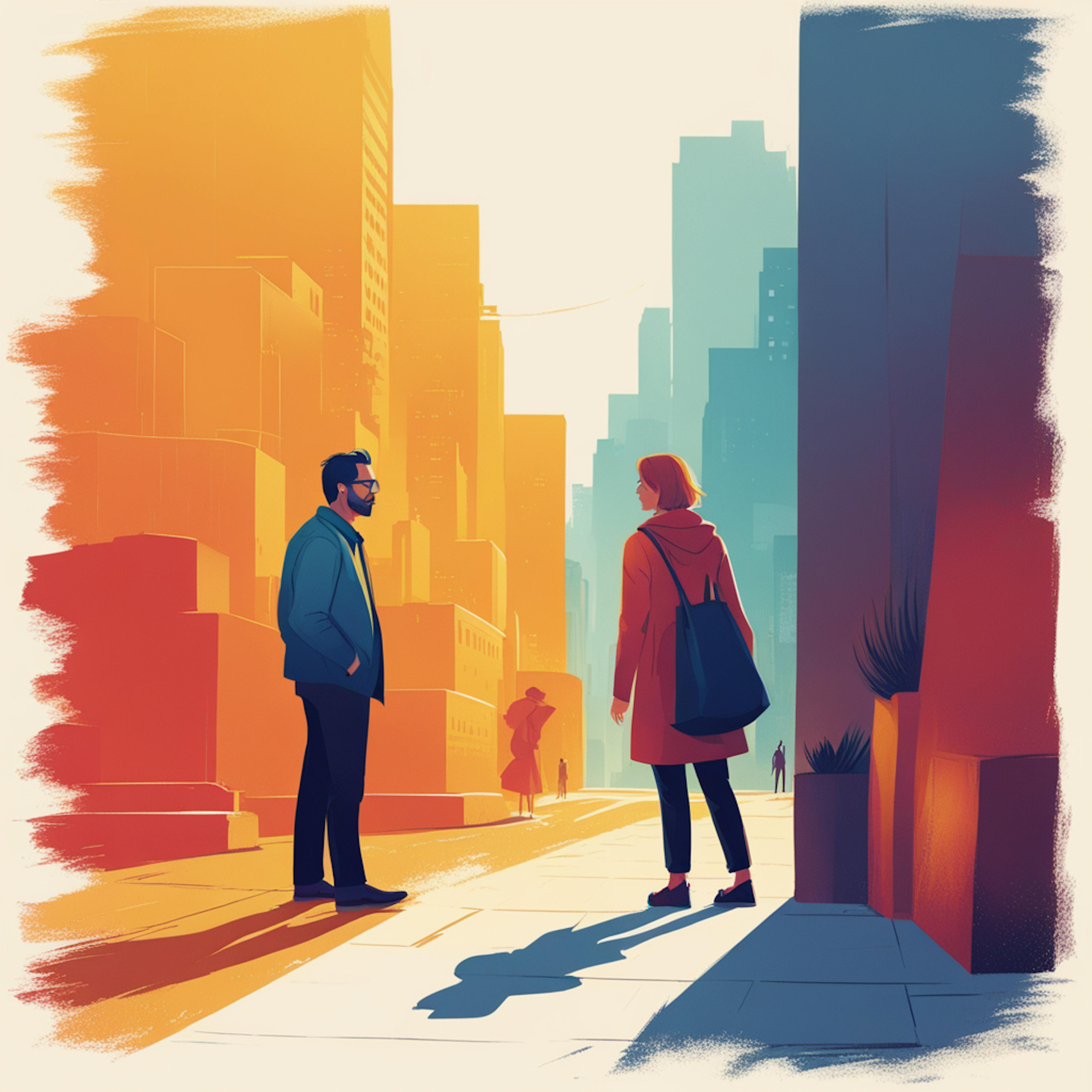 Two individuals meeting on a bright city street, surrounded by the towering buildings and warm colors of an urban environment. This image conveys a "newsletter format for email" focused on community building and personal connections amidst the hustle and bustle of city life.