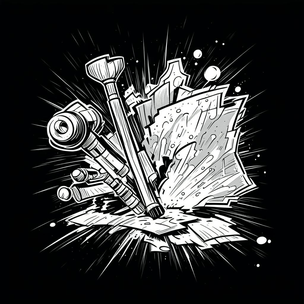 Black and white graphic illustration of tools and papers bursting outward, visualizing the creative spark and organization that professional email subject line examples bring to effective workplace messaging.