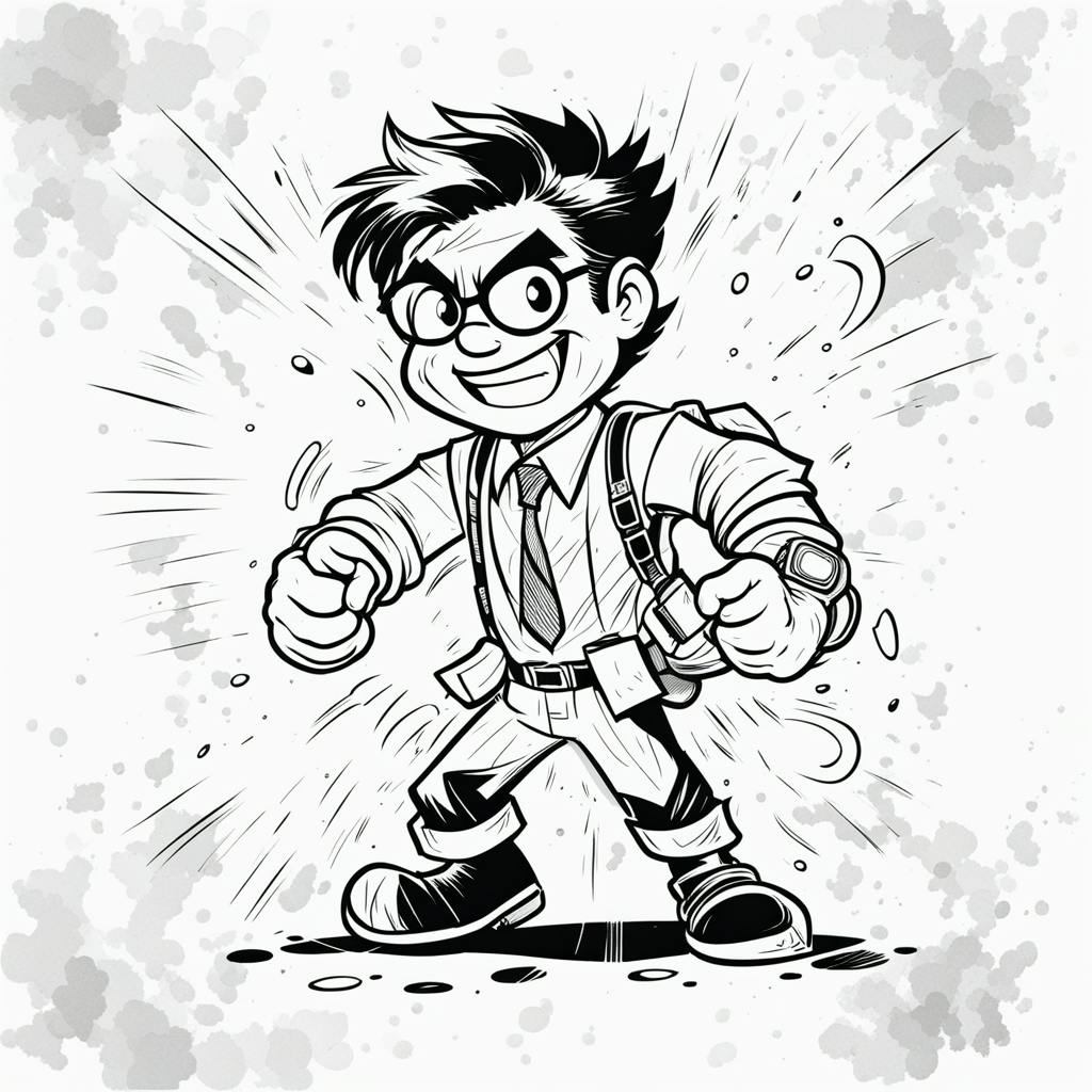 Black and white comic-style illustration of a confident young professional in a suit and tie, symbolizing clarity and energy—qualities that mirror the impact of professional email subject line examples in business communication.