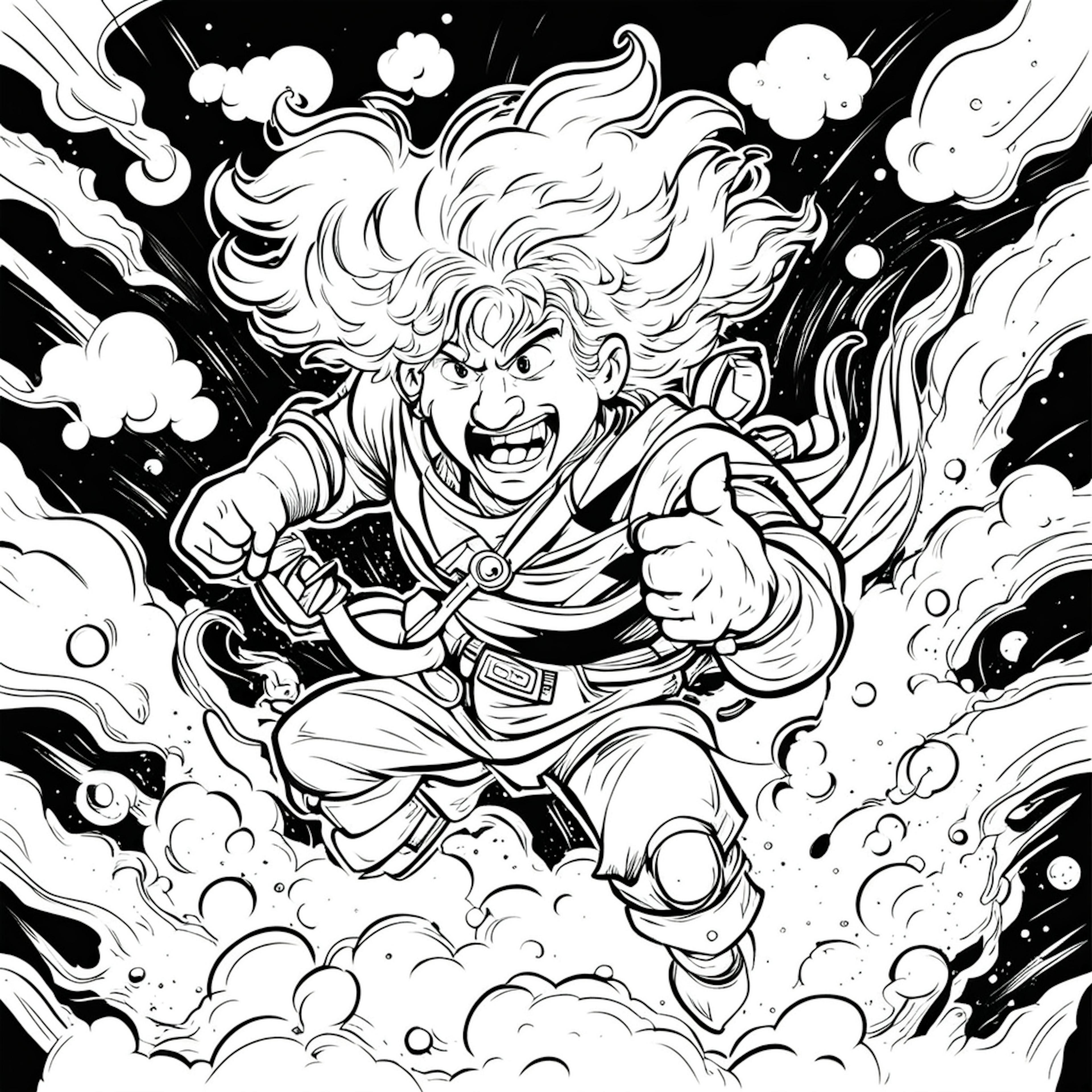 A dynamic, action-packed illustration of a determined character with wild hair, charging forward with a thumbs-up gesture. The background is filled with swirling clouds and energy bursts, symbolizing the fast-paced, powerful impact of using sales automation tools to boost performance and efficiency.