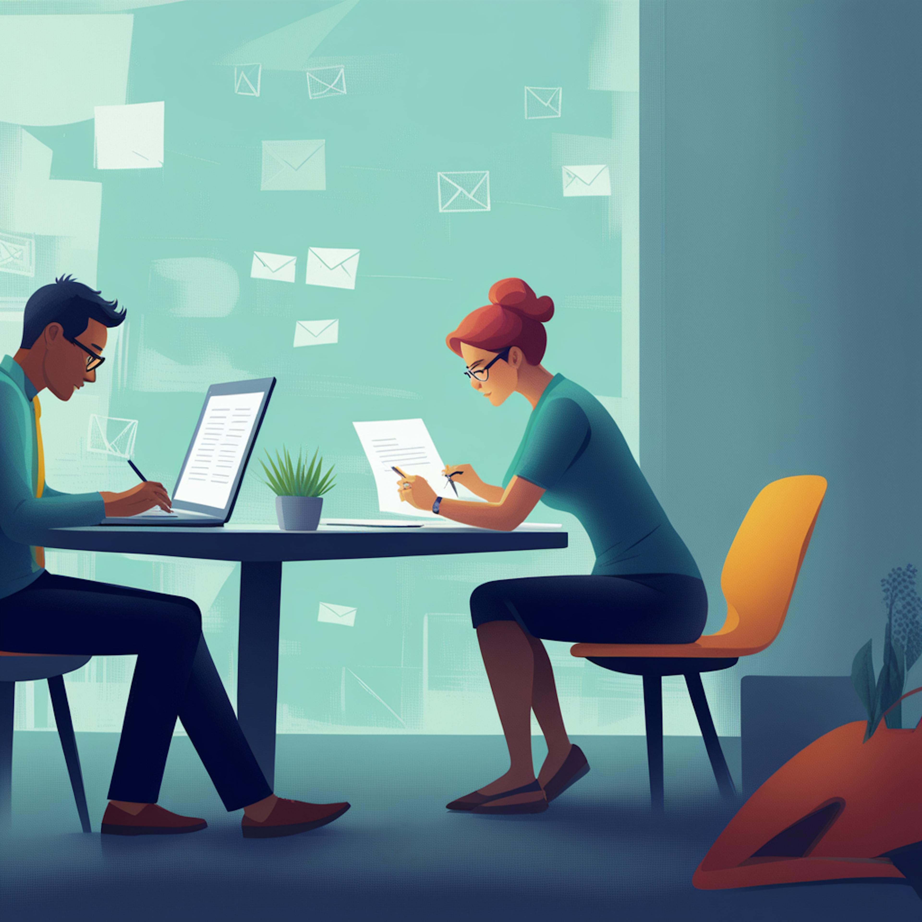 An illustration of two colleagues working together at a desk, with a backdrop of email icons floating around them. One is working on a laptop, and the other is reviewing printed documents, symbolizing collaboration in drafting a promotional email example for effective email marketing campaigns.