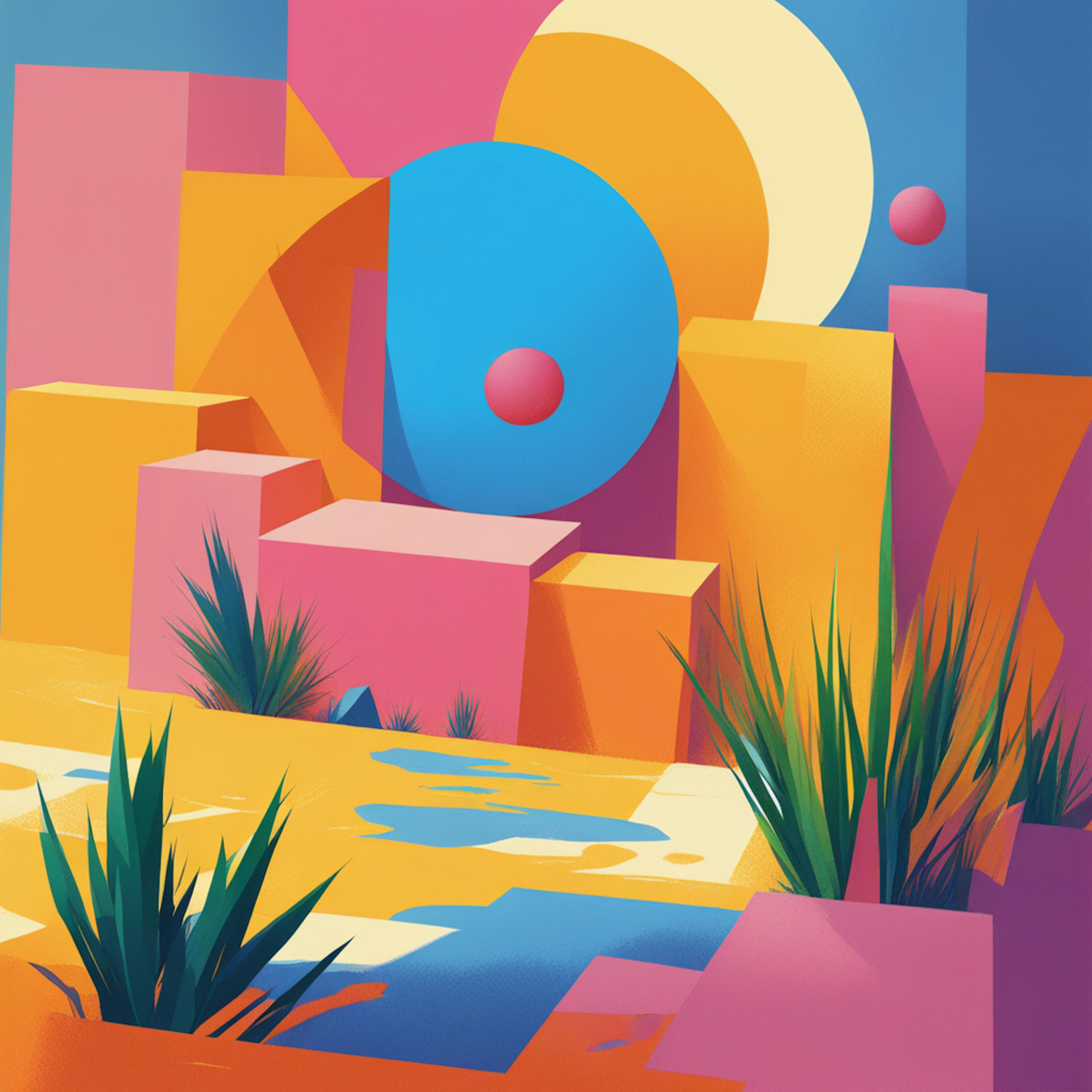 A surreal, geometric landscape with sharp blocks and plants, set against a colorful backdrop. The visual complexity and vibrant color scheme reflect the innovative and structured aspects of sales automation tools, illustrating their ability to simplify complex tasks and environments.