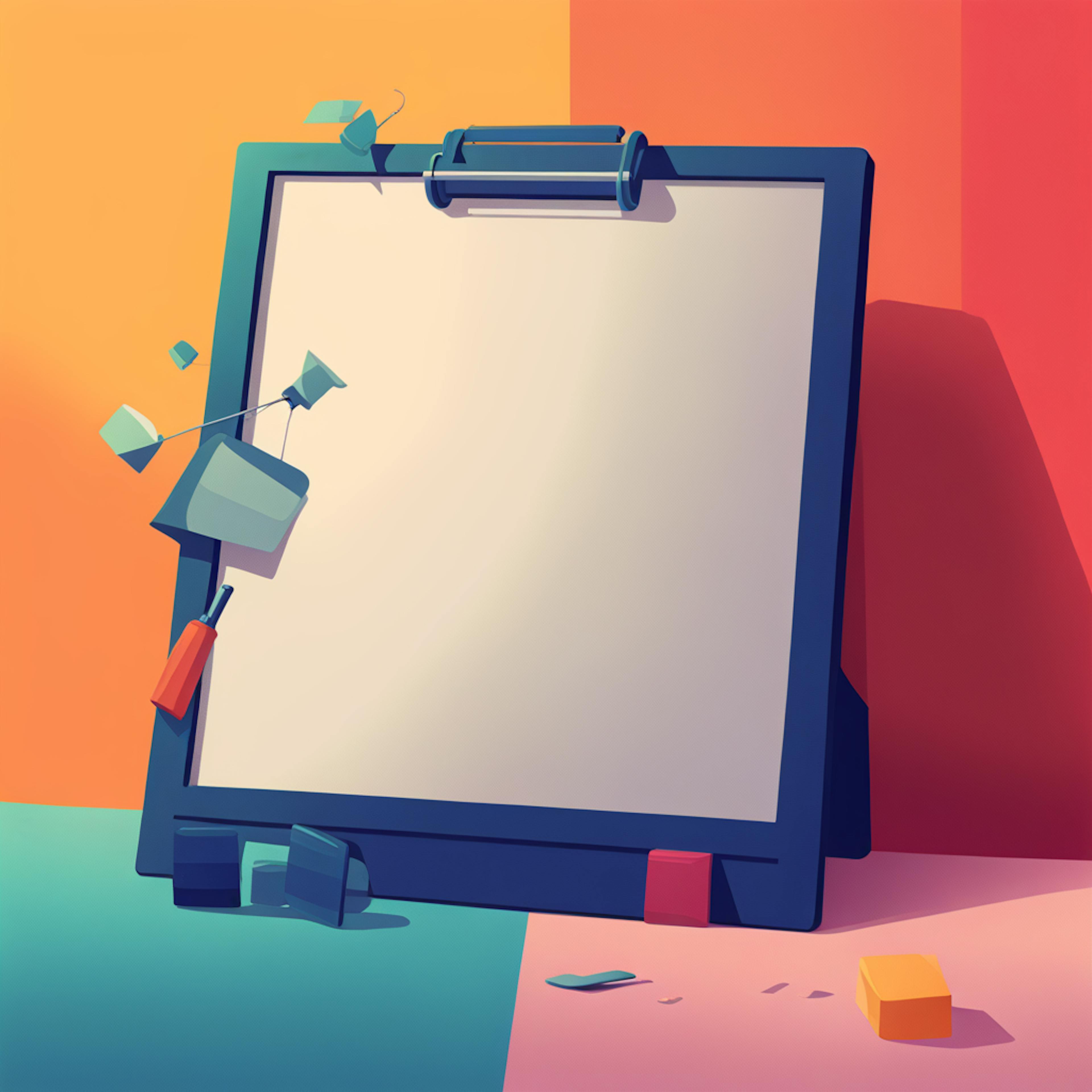 A minimalist illustration of a blank clipboard with abstract floating shapes around it. This design symbolizes a clean slate, representing the potential for sales automation tools to organize, plan, and execute efficient workflows in sales strategies.