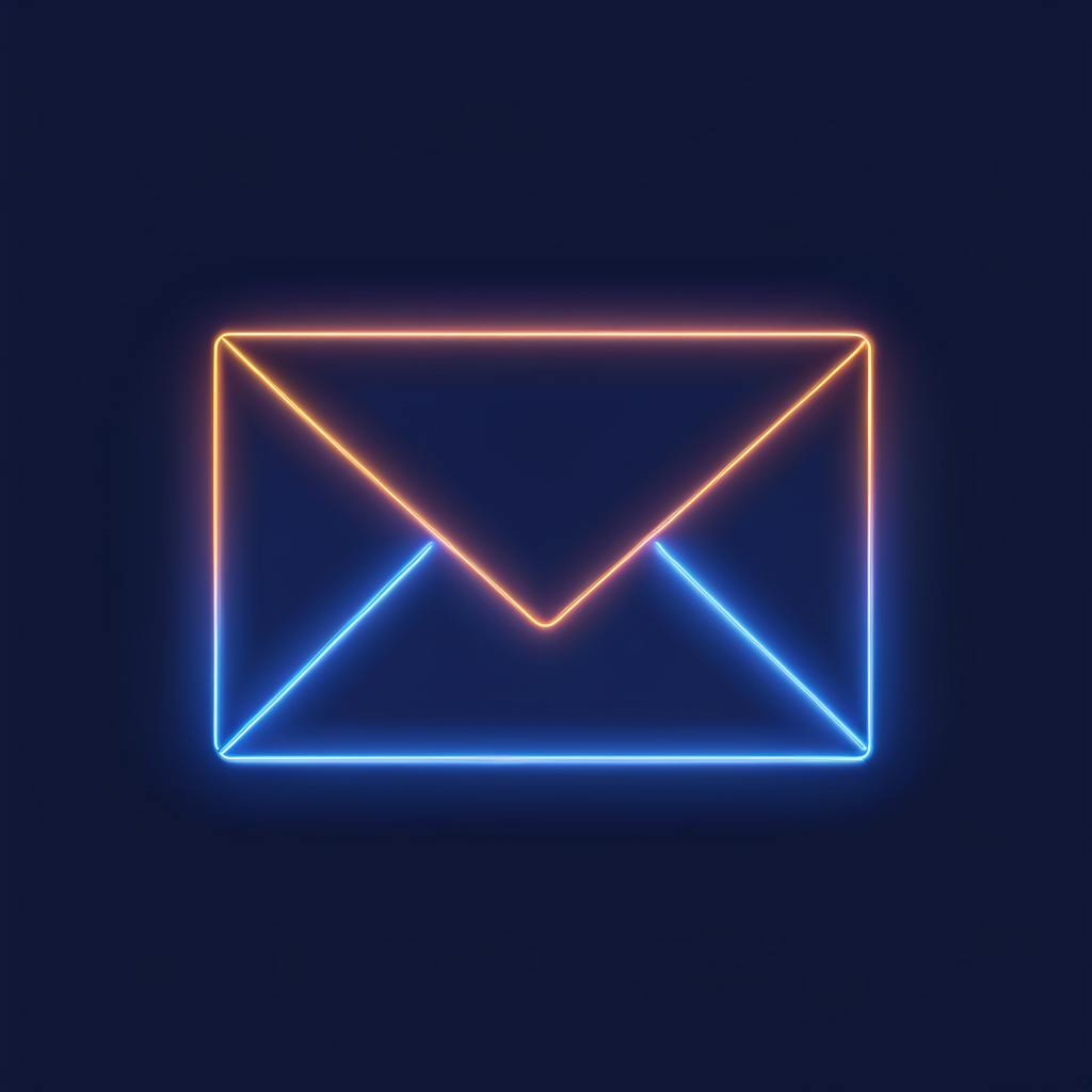 A glowing neon envelope icon in orange and blue on a dark background, representing email communication.