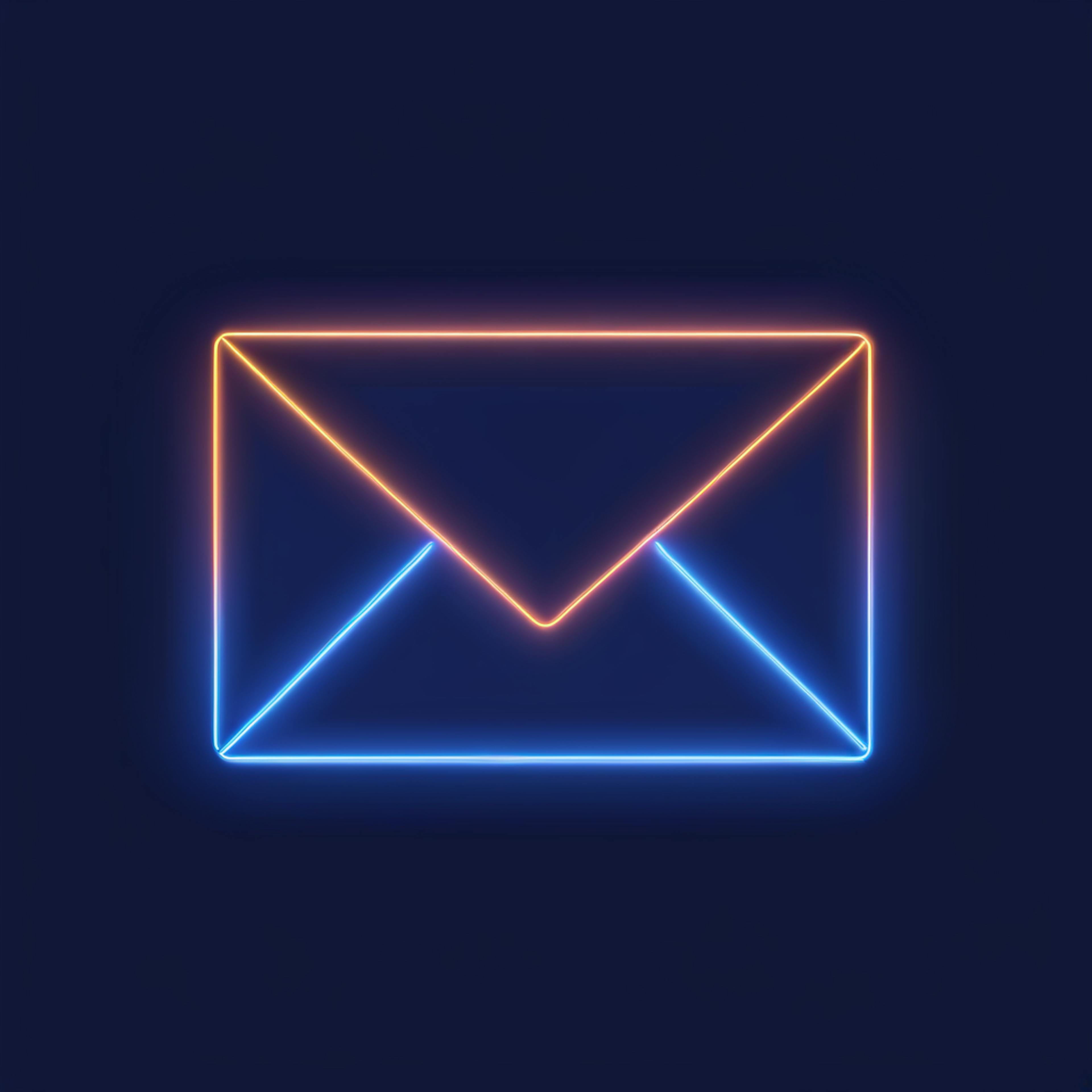 A glowing neon envelope icon in orange and blue on a dark background, representing email communication.